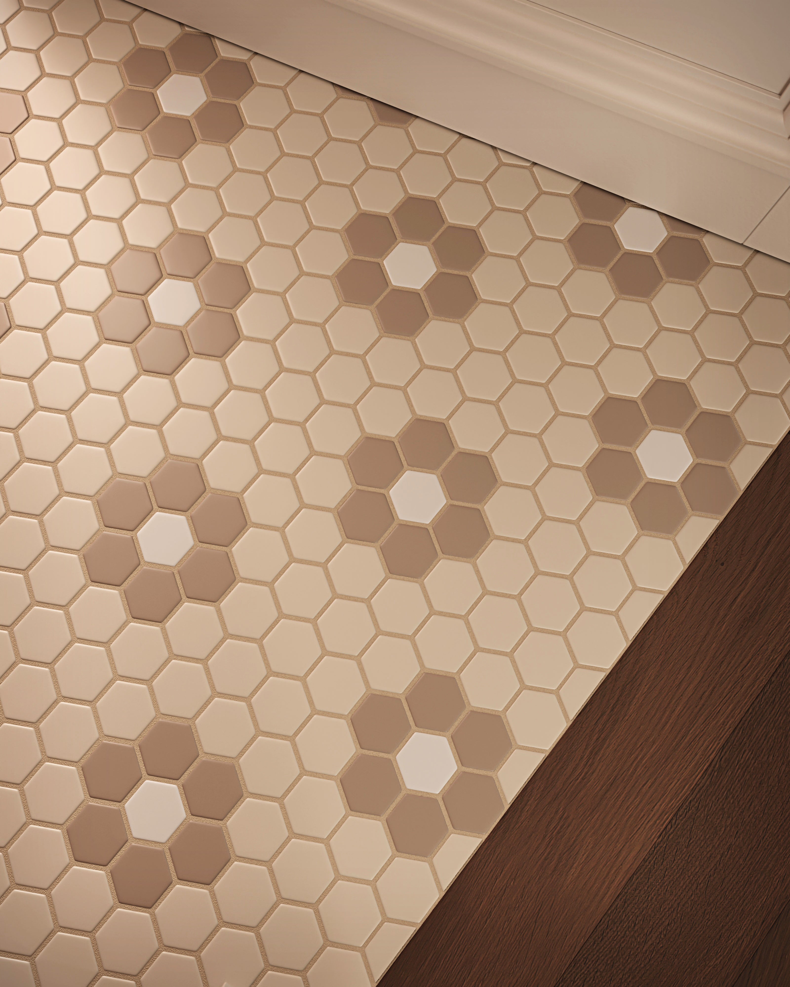 2" Hexagon Double Daisy Sheeted Original Ceramic Tile in Sand Dune Matte, Sweet Pea Matte & Calcite Matte