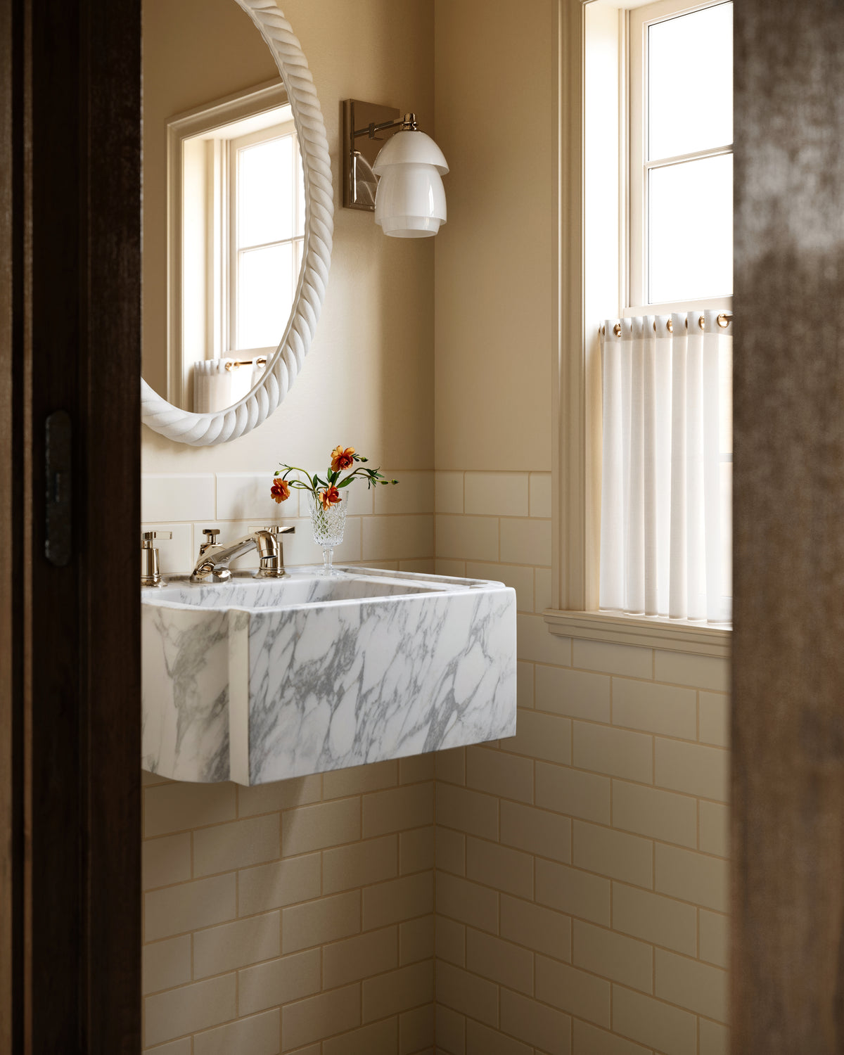 Emerson Two Handle Deck Mount Low Hexagon Lavatory Faucet with Classic Cross Handles in Polished Nickel