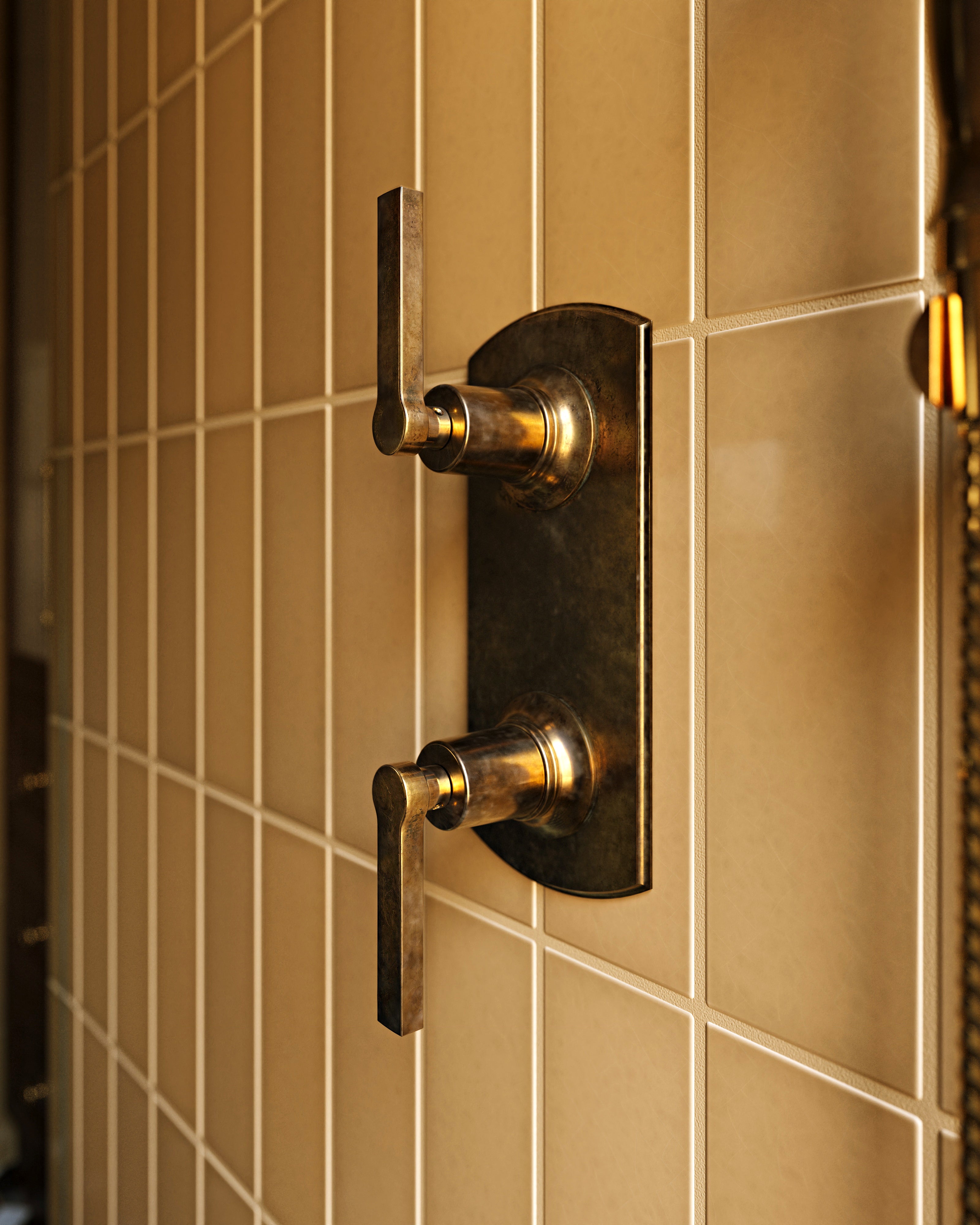 Emerson Two Handle Wall Mount Shower Trim with Classic Lever Handles in Uncoated Polished Brass