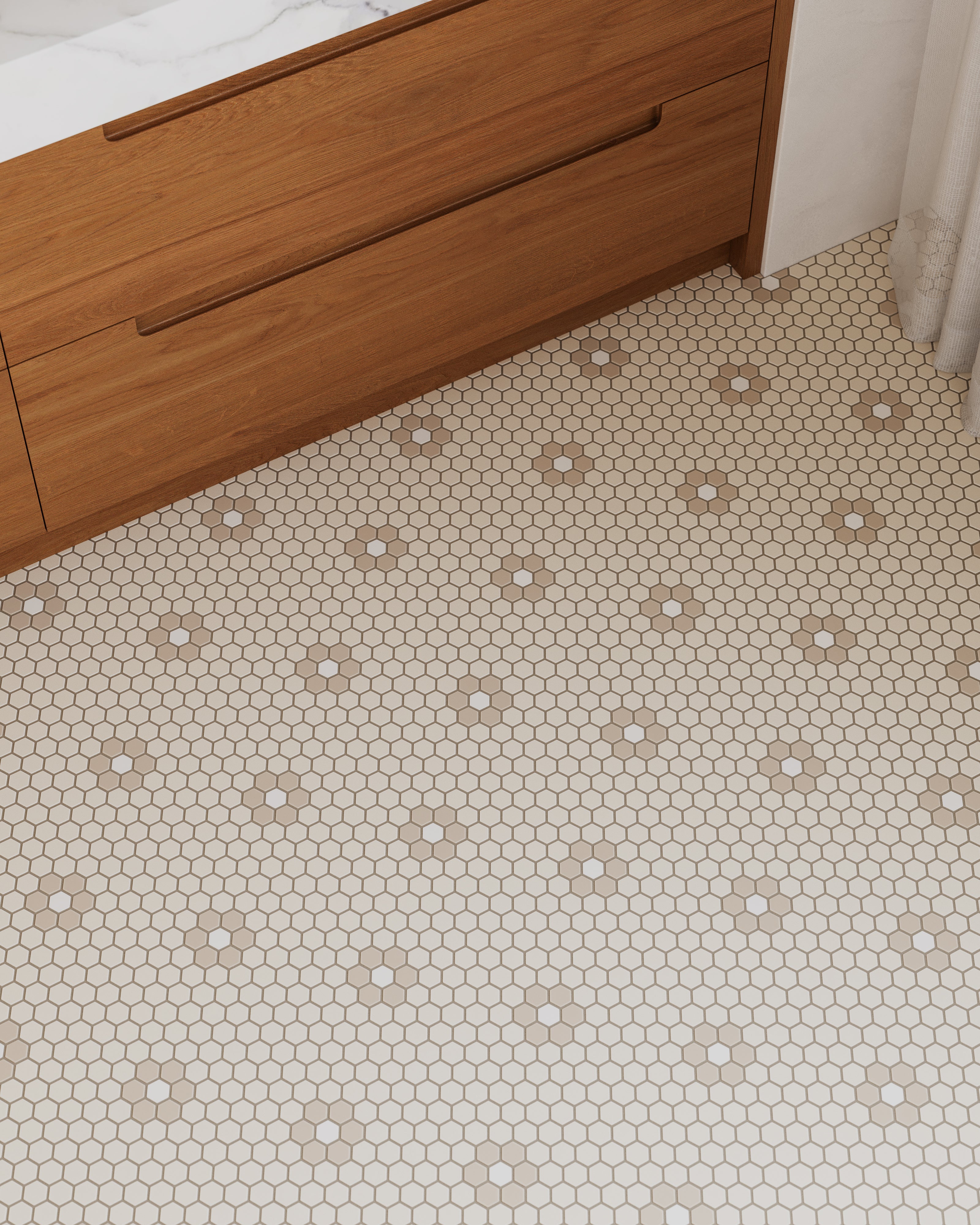 1" Hexagon Double Daisy Sheeted Original Ceramic Tile in Sand Dune Matte, Sweet Pea Matte & Calcite Matte