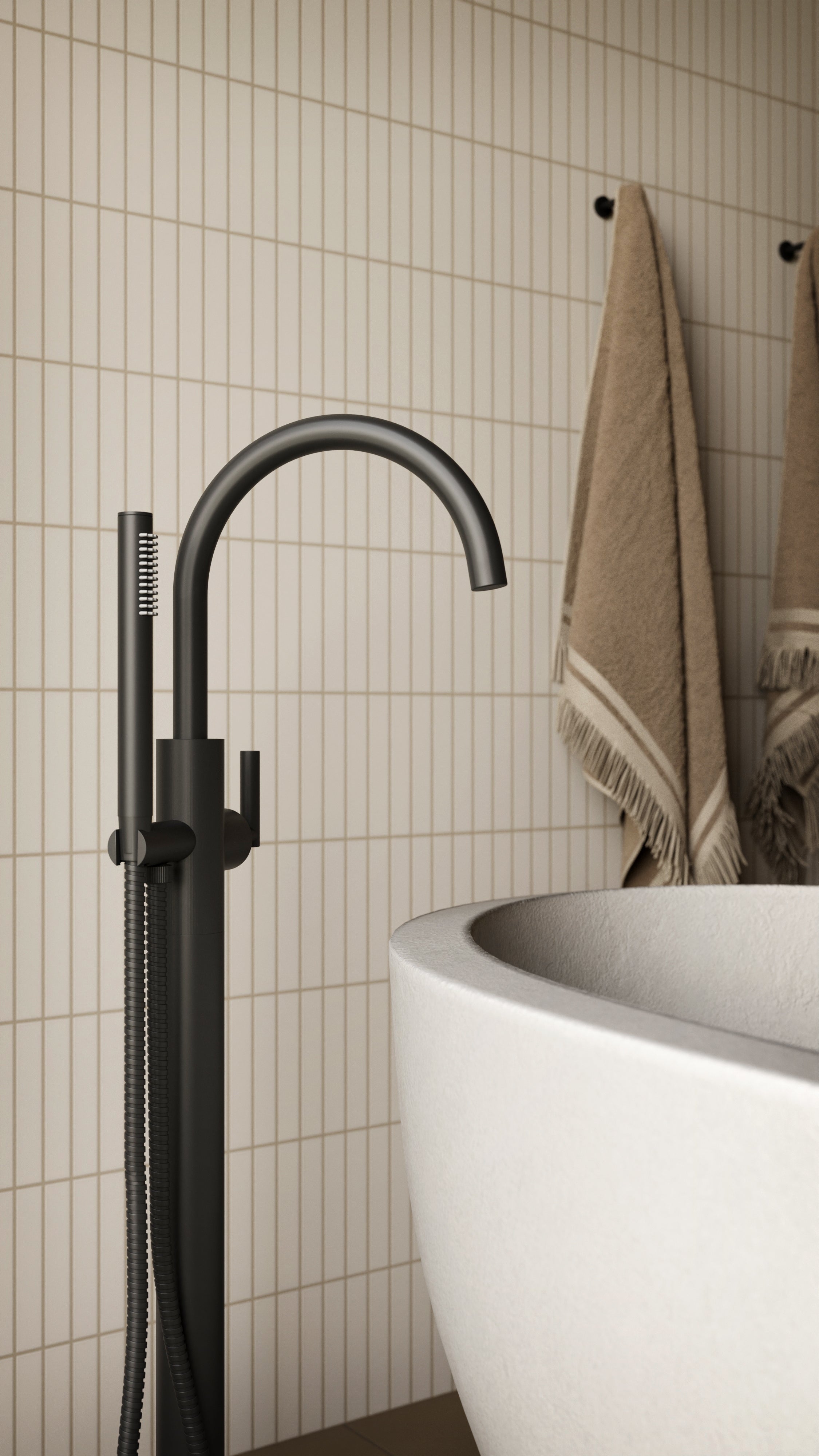 Contour One Handle Floor Mount Gooseneck Bath Trim with Hand Shower and Soft Lever Handle in Oil Rubbed Bronze