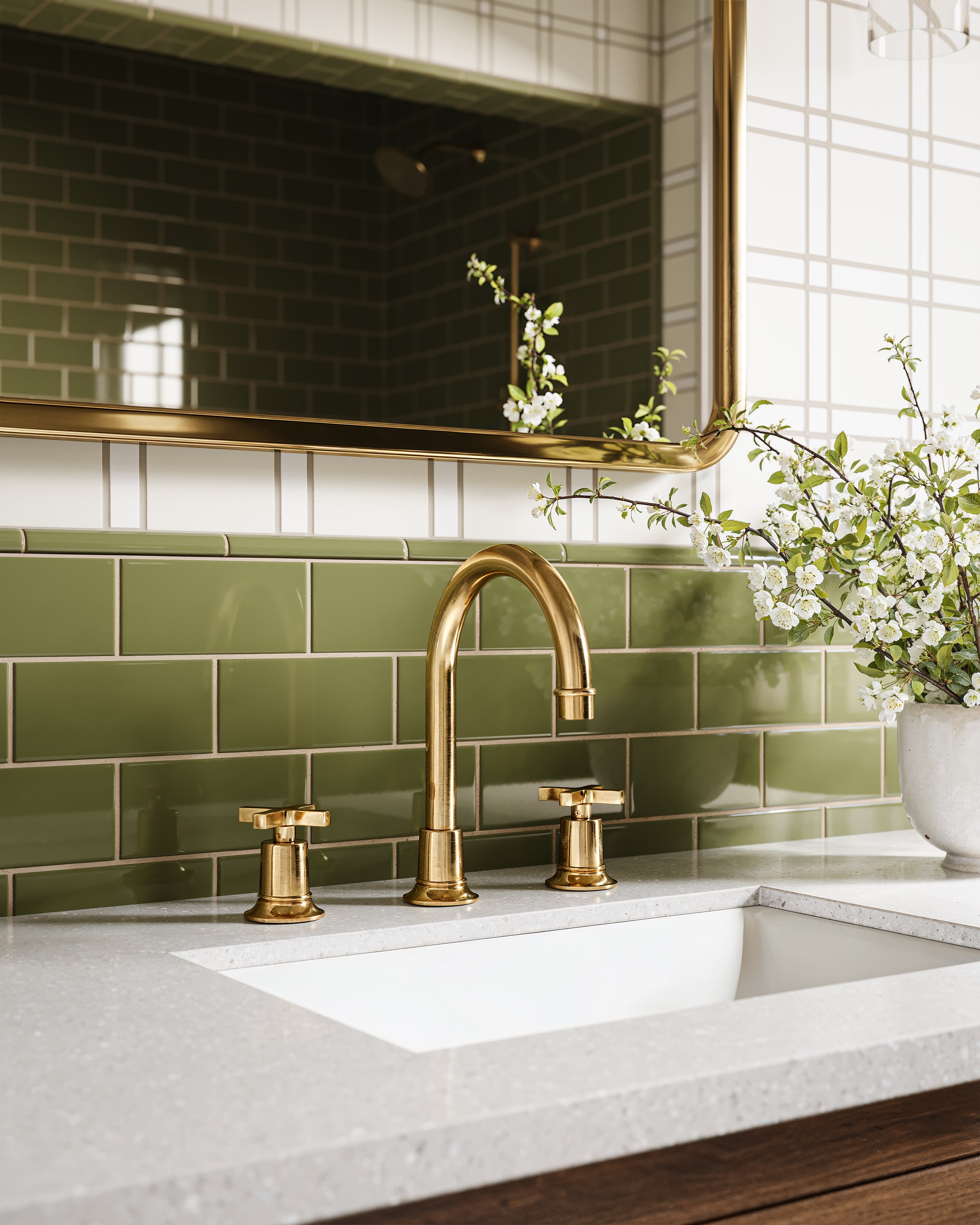 Emerson Two Handle Deck Mount Gooseneck Lavatory Faucet with Classic Cross Handles in Satin Brass