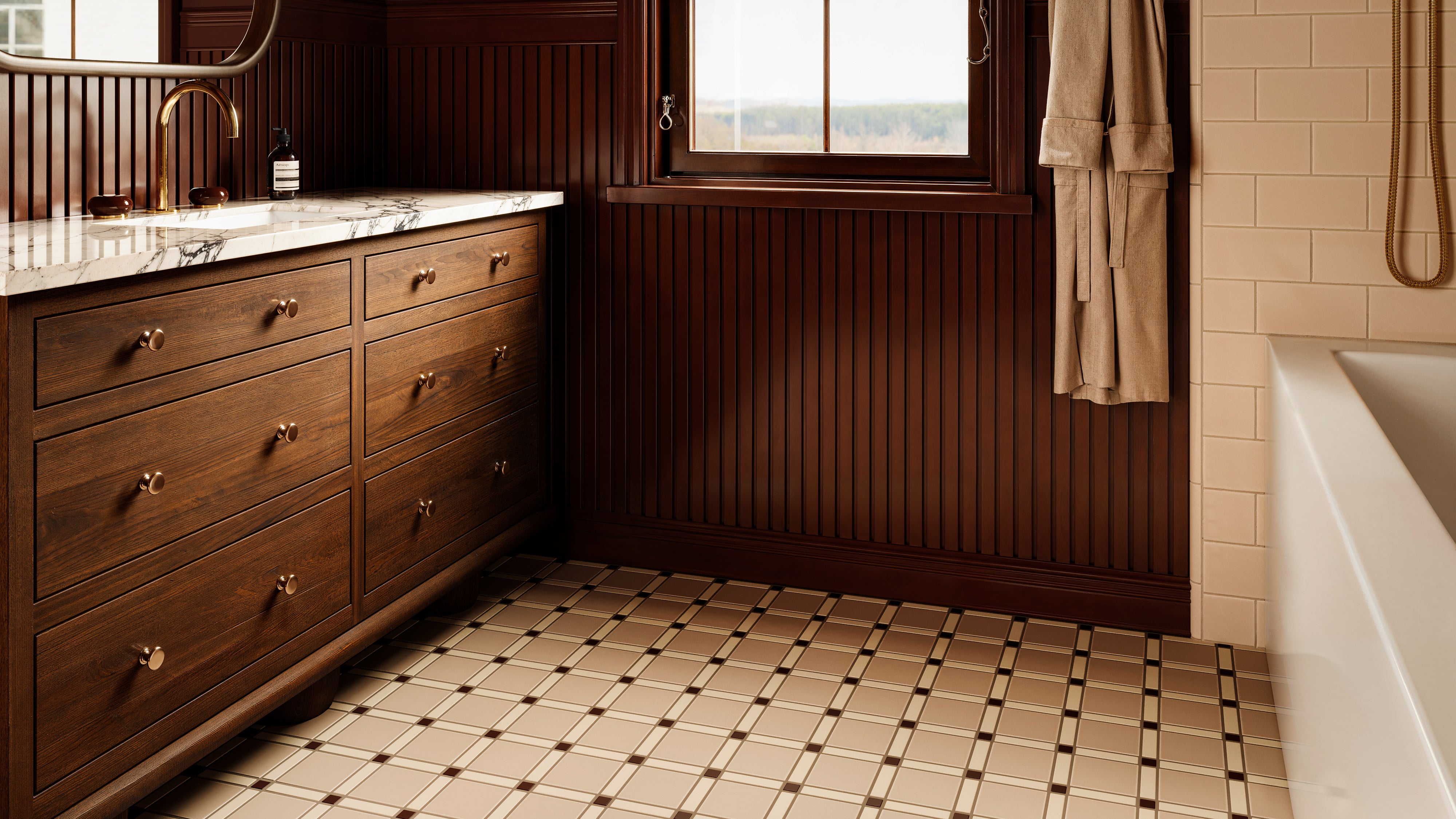 Lattice Sheeted Original Ceramic Tile in Garnet Matte, Ivory Matte & Sweet Pea Matte