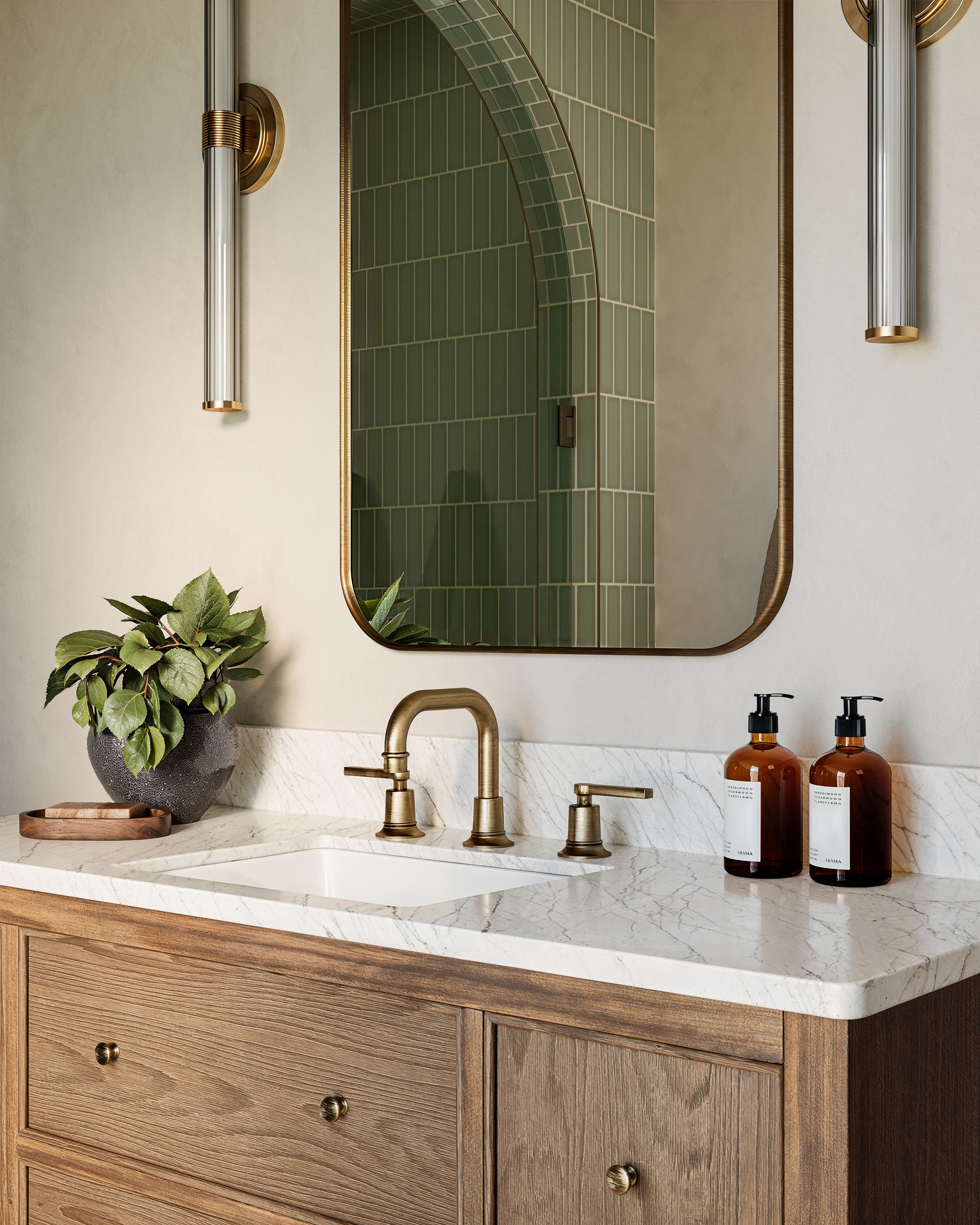 Emerson Two Handle Deck Mount Squaretop Lavatory Faucet with Classic Lever Handles in Antique Brass