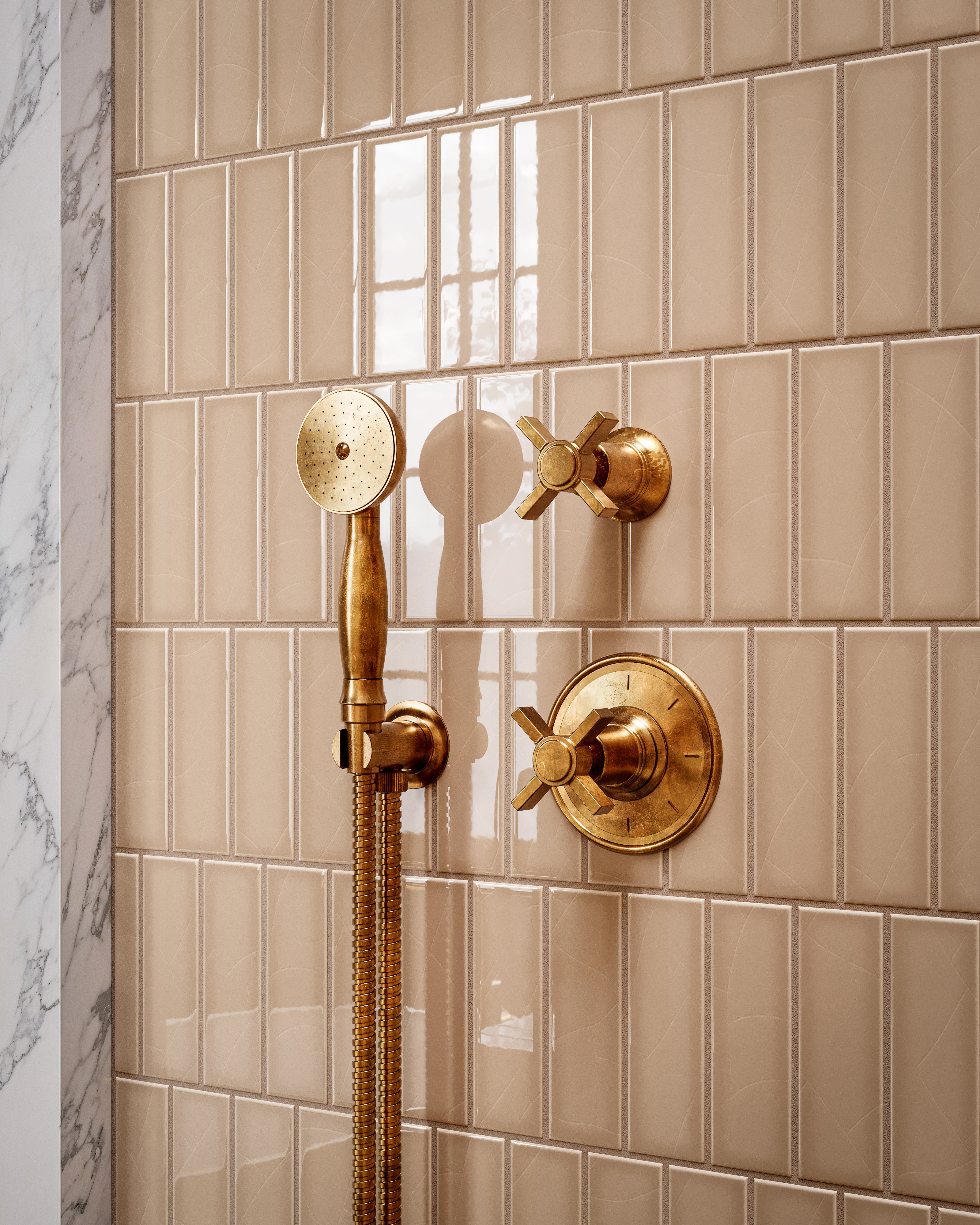 Emerson One Handle Wall Mount Diverter/Volume Control Shower Trim with Defined Cross Handle in Uncoated Polished Brass