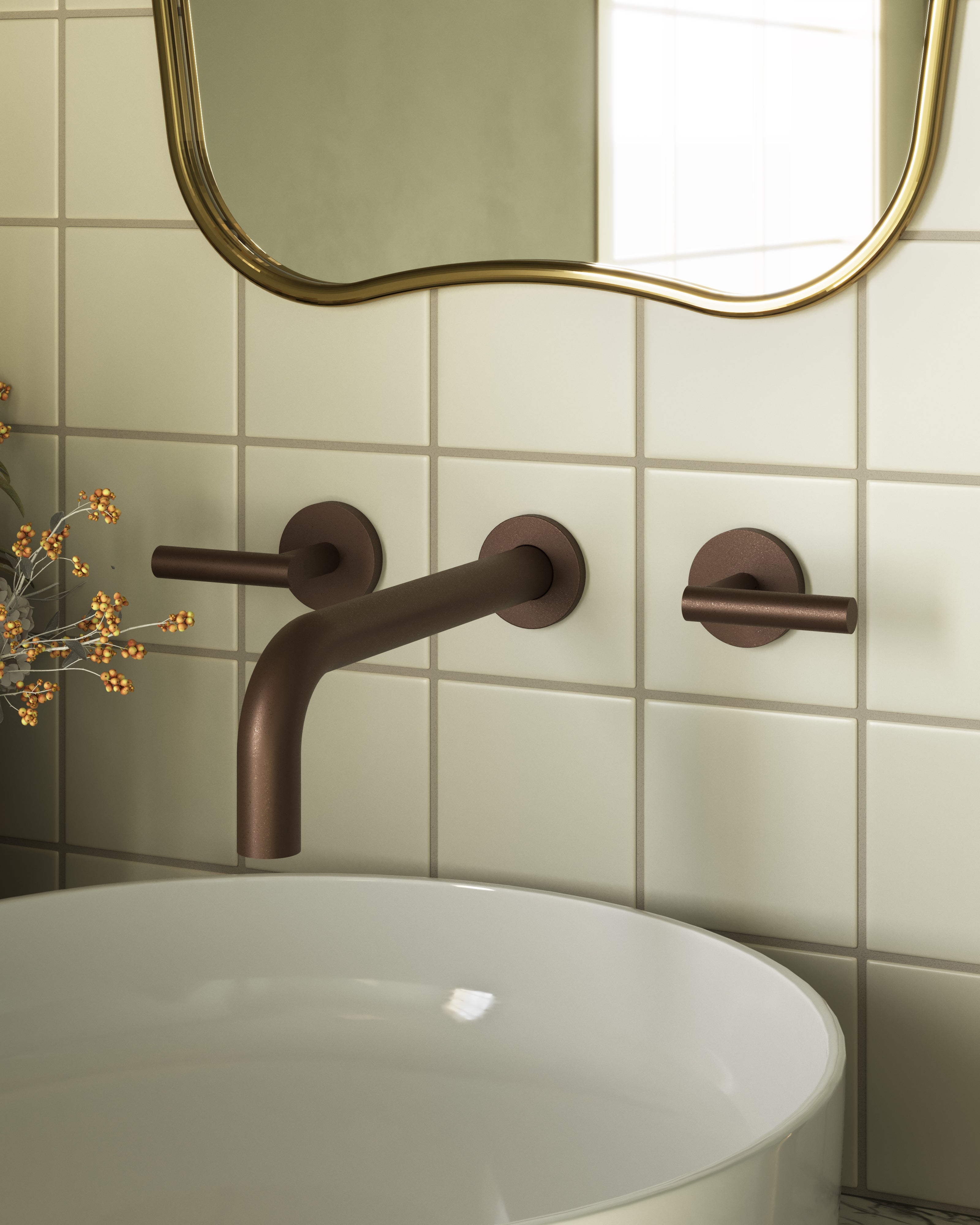 Contour Two Handle Wall Mount 10" Lavatory Faucet with Soft Lever Handles in Architectural Copper