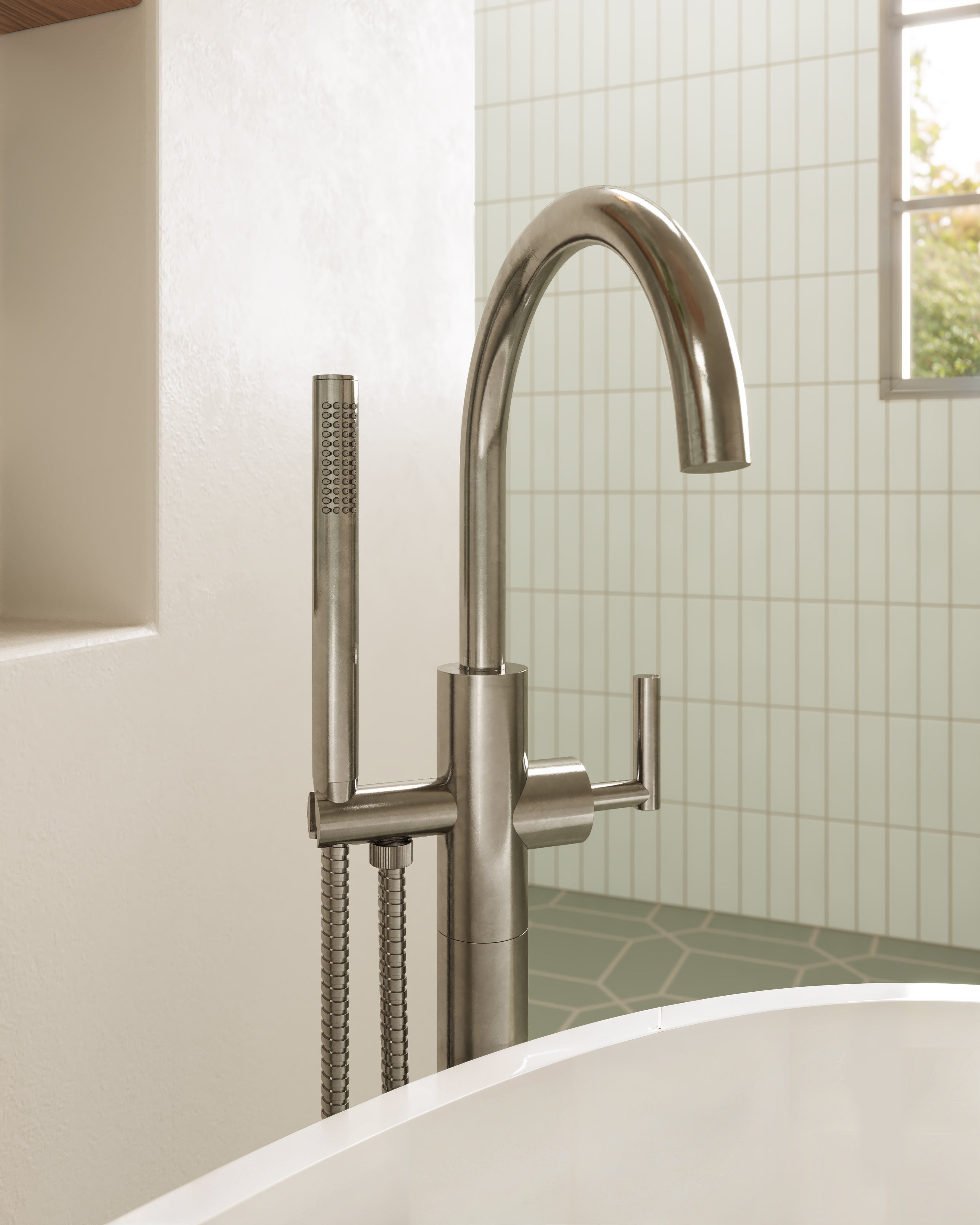 Contour One Handle Floor Mount Gooseneck Bath Trim with Hand Shower and Soft Lever Handle in French Nickel