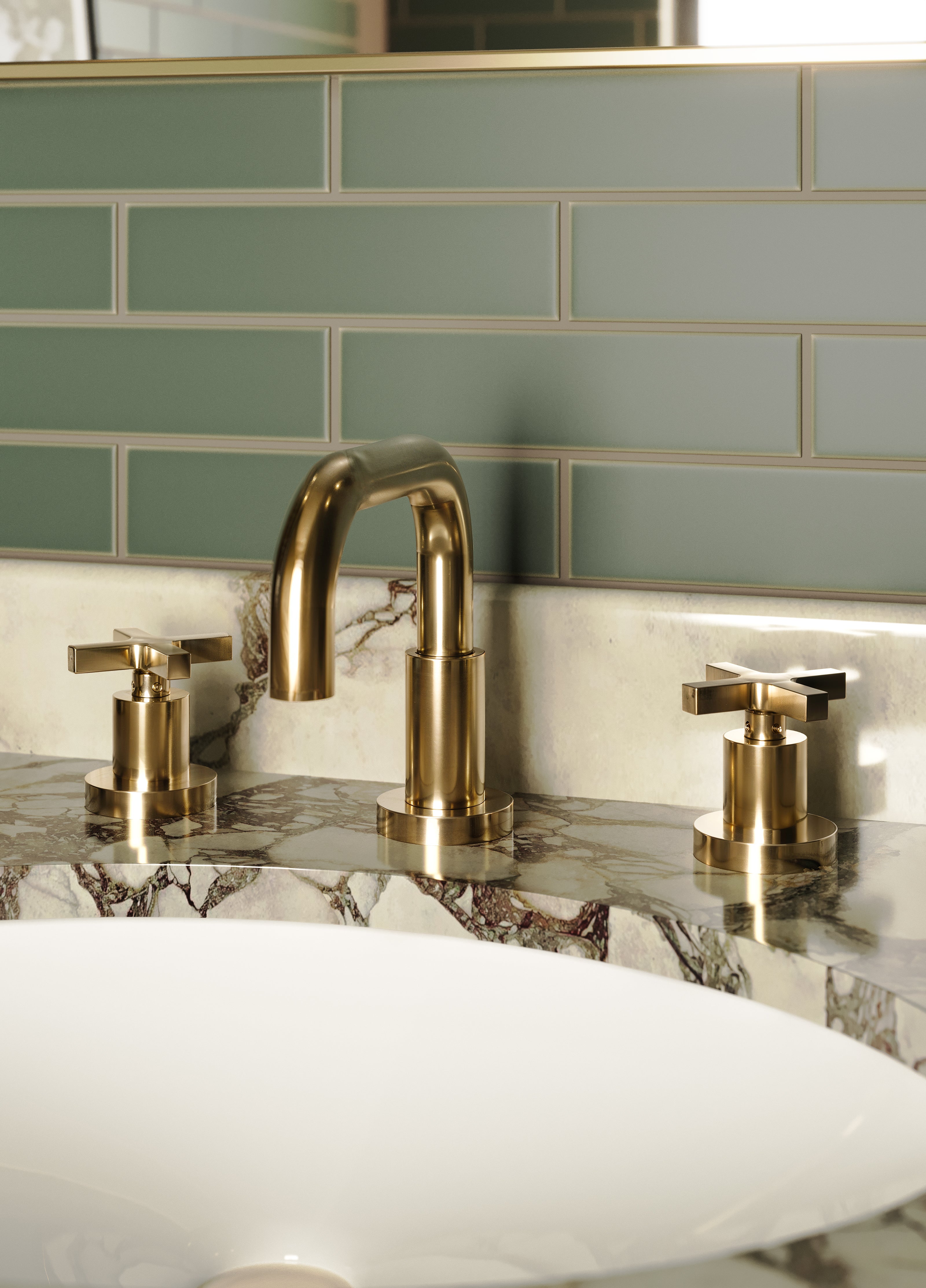Flatiron Two Handle Deck Mount Squaretop Lavatory Faucet with Linear Cross Handles in Polished Brass