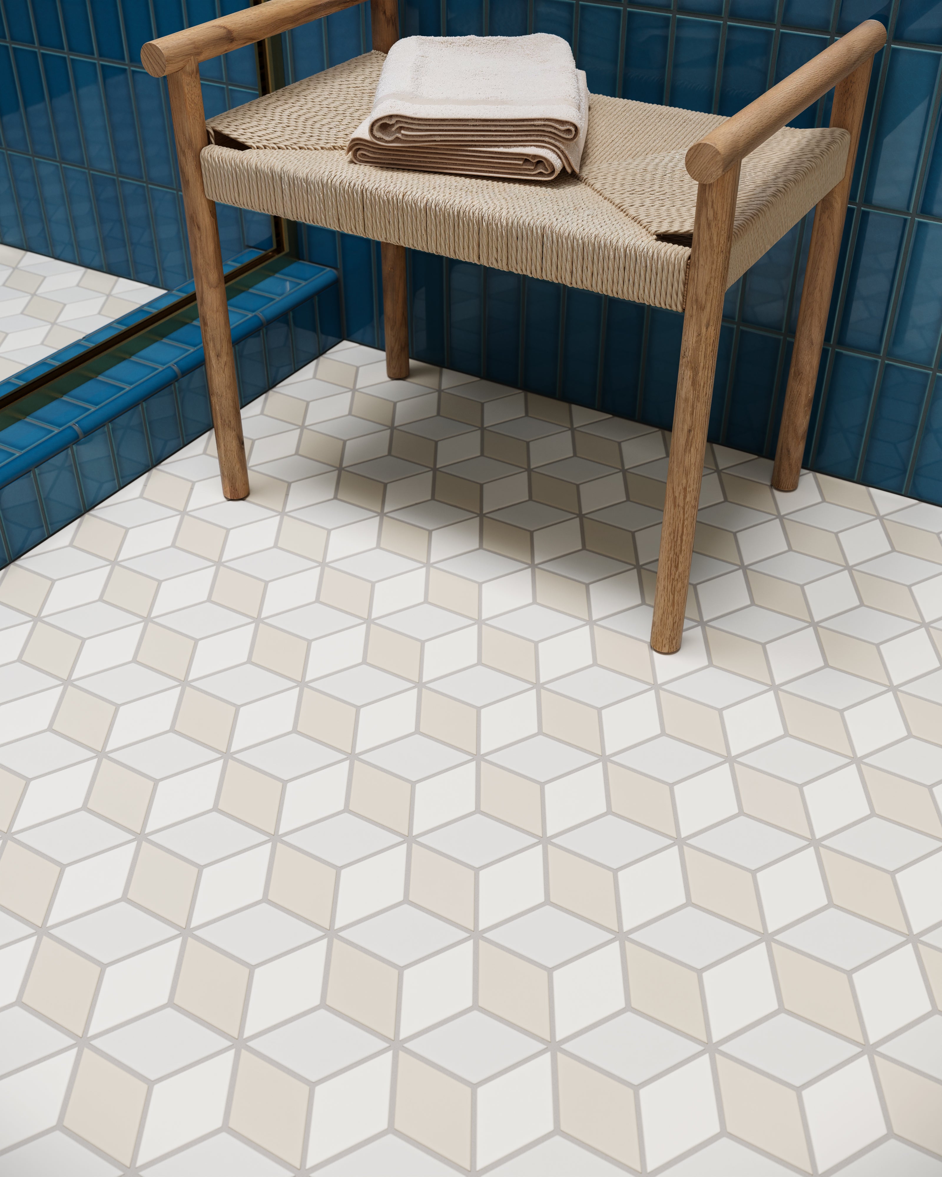 Small Diamond Escher Sheeted Original Ceramic Tile in Calcite Matte, Frost Matte & Feldspar Matte