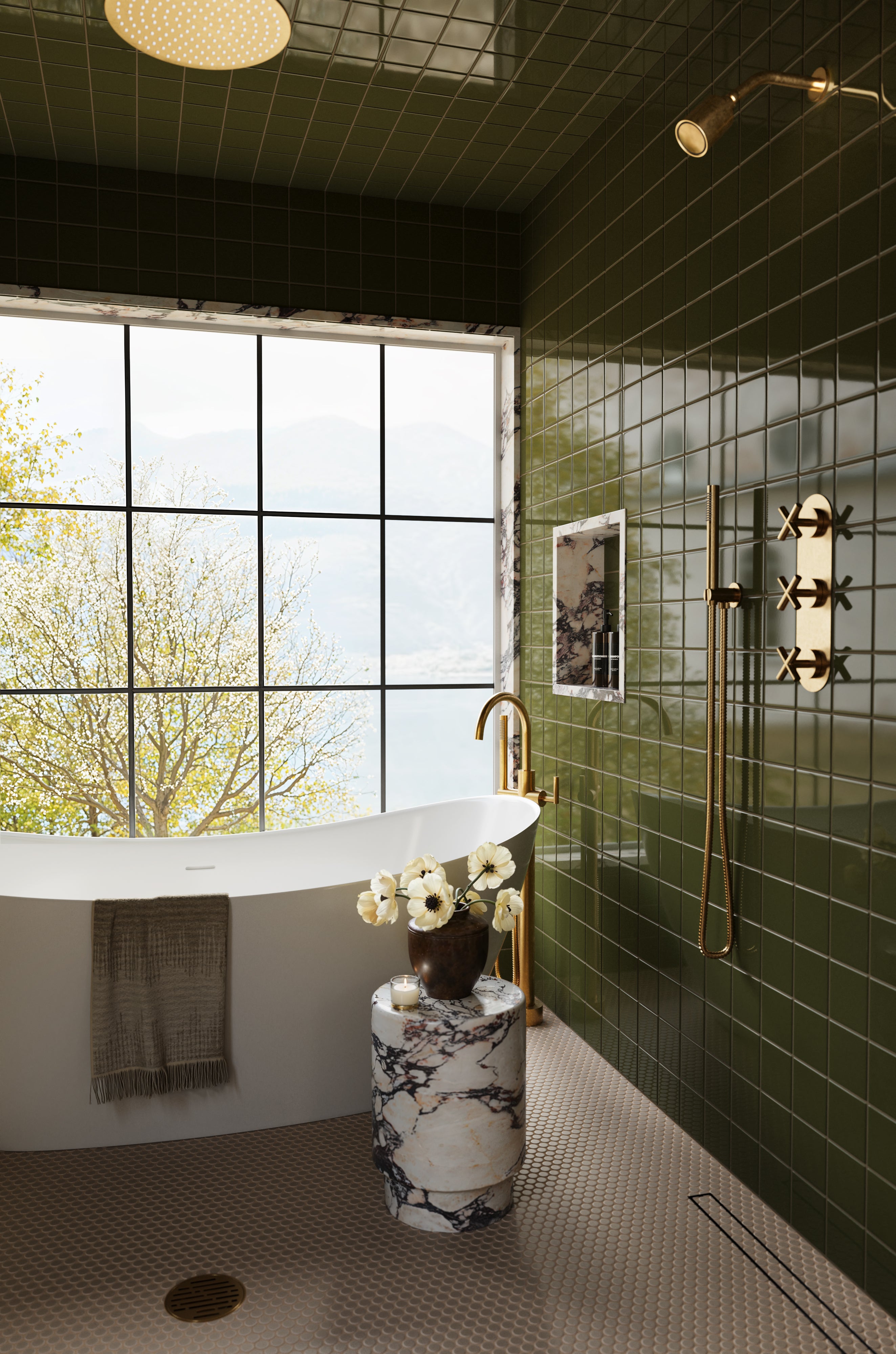 Contour One Handle Floor Mount Gooseneck Bath Trim with Hand Shower and Soft Lever Handle in French Brass