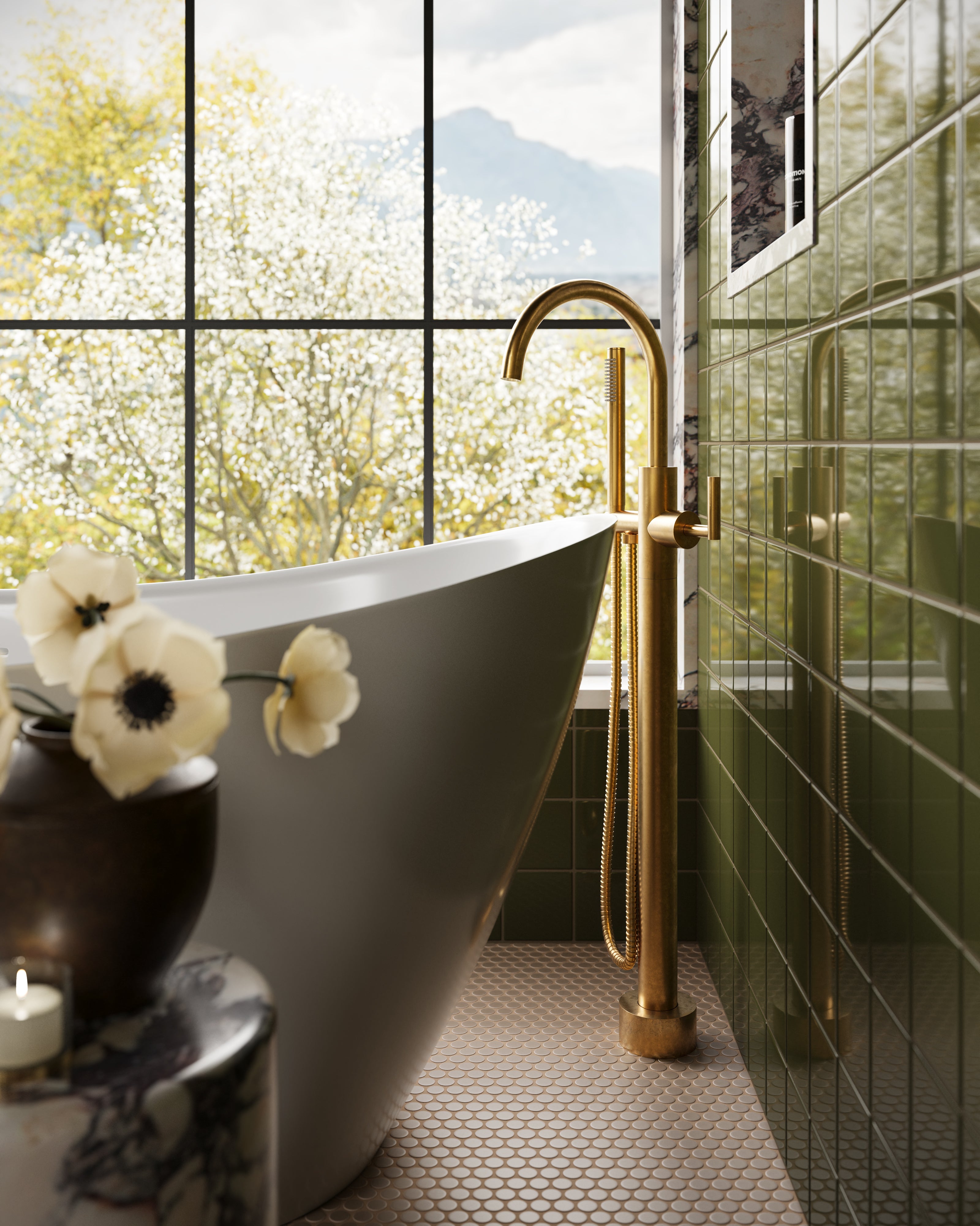 Contour One Handle Floor Mount Gooseneck Bath Trim with Hand Shower and Soft Lever Handle in French Brass