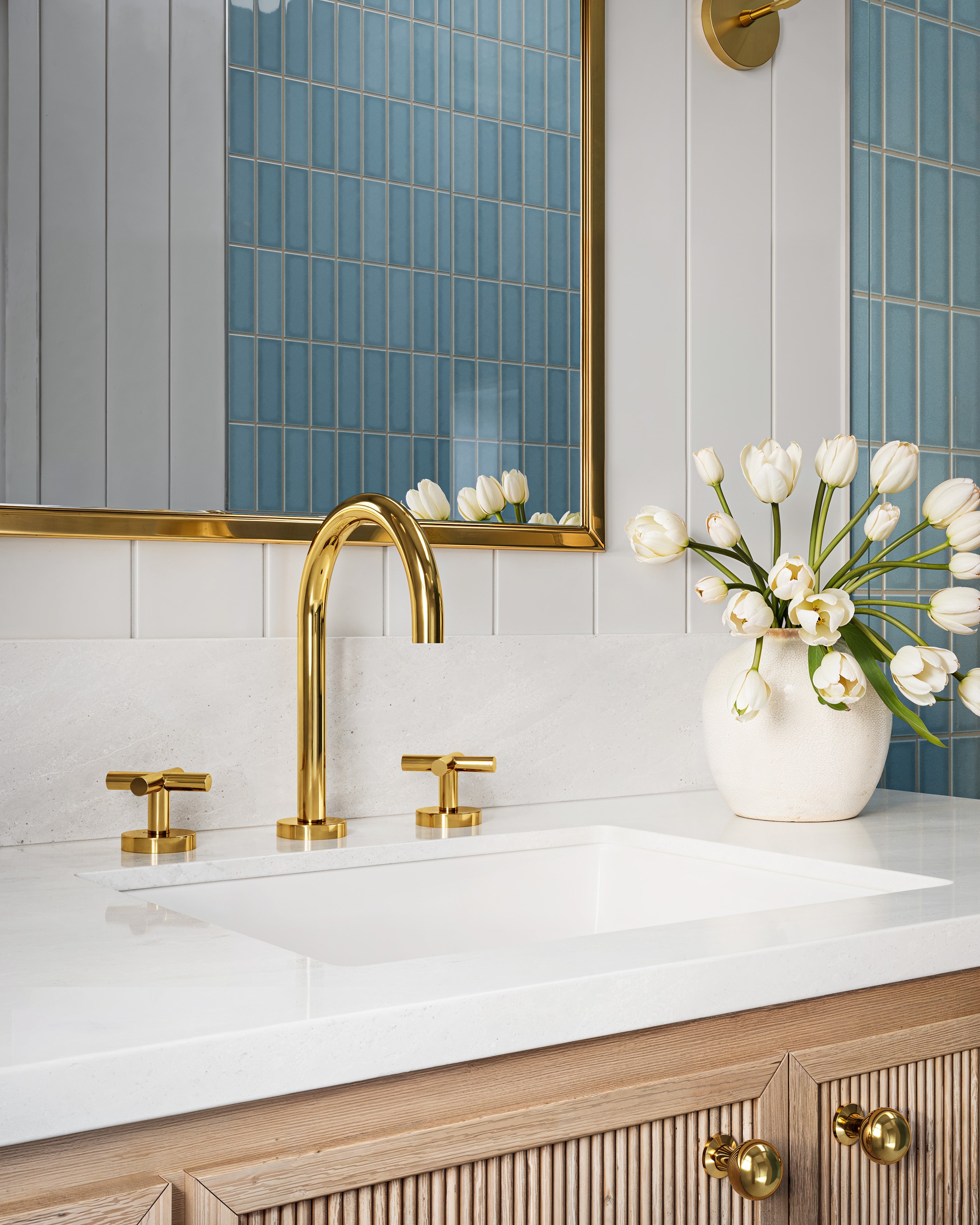 Contour Two Handle Deck Mount Gooseneck Lavatory Faucet with Soft Cross Handles in French Brass