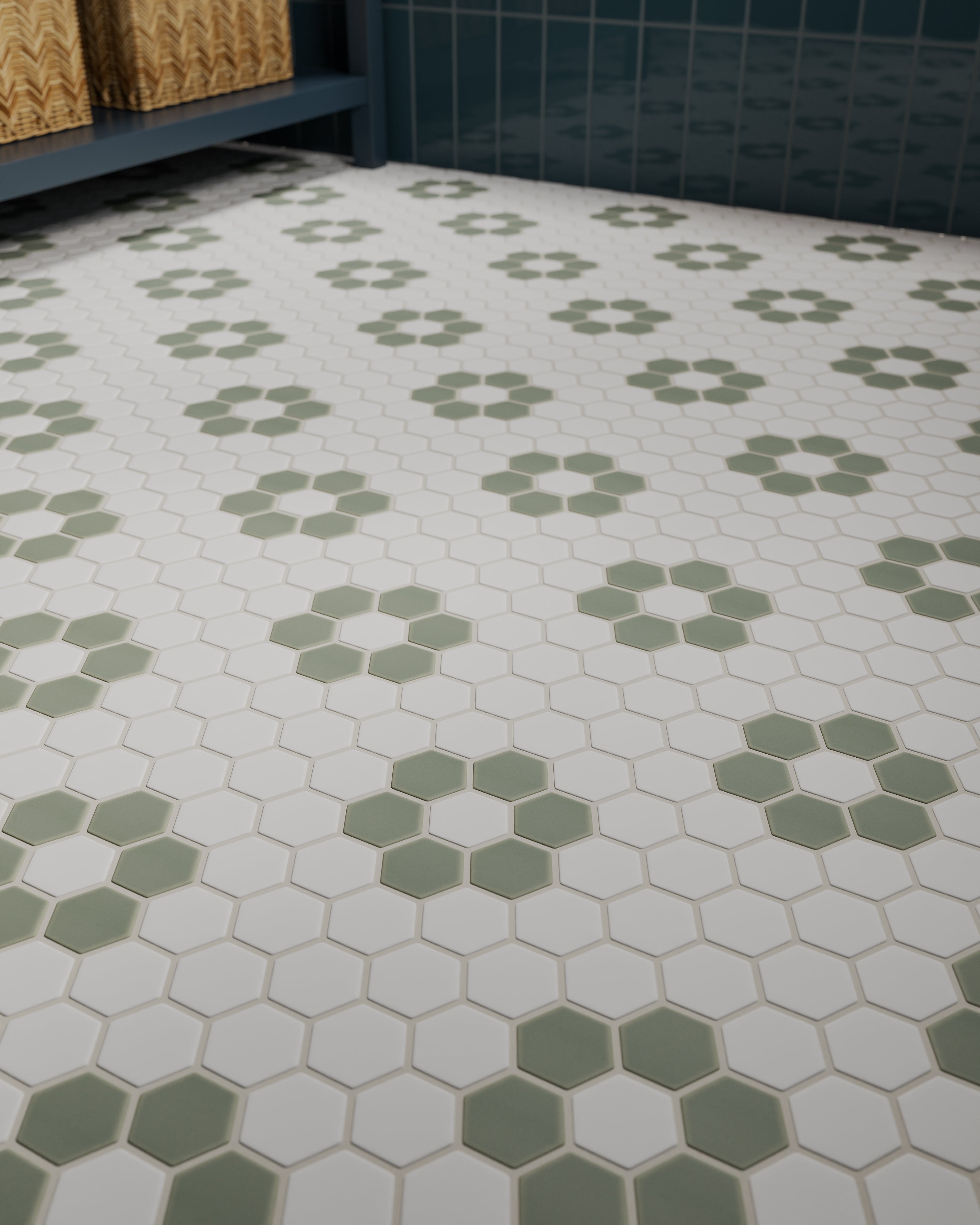 2" Hexagon Double Daisy Sheeted Original Ceramic Tile in Calcite Matte & Rosemary Matte
