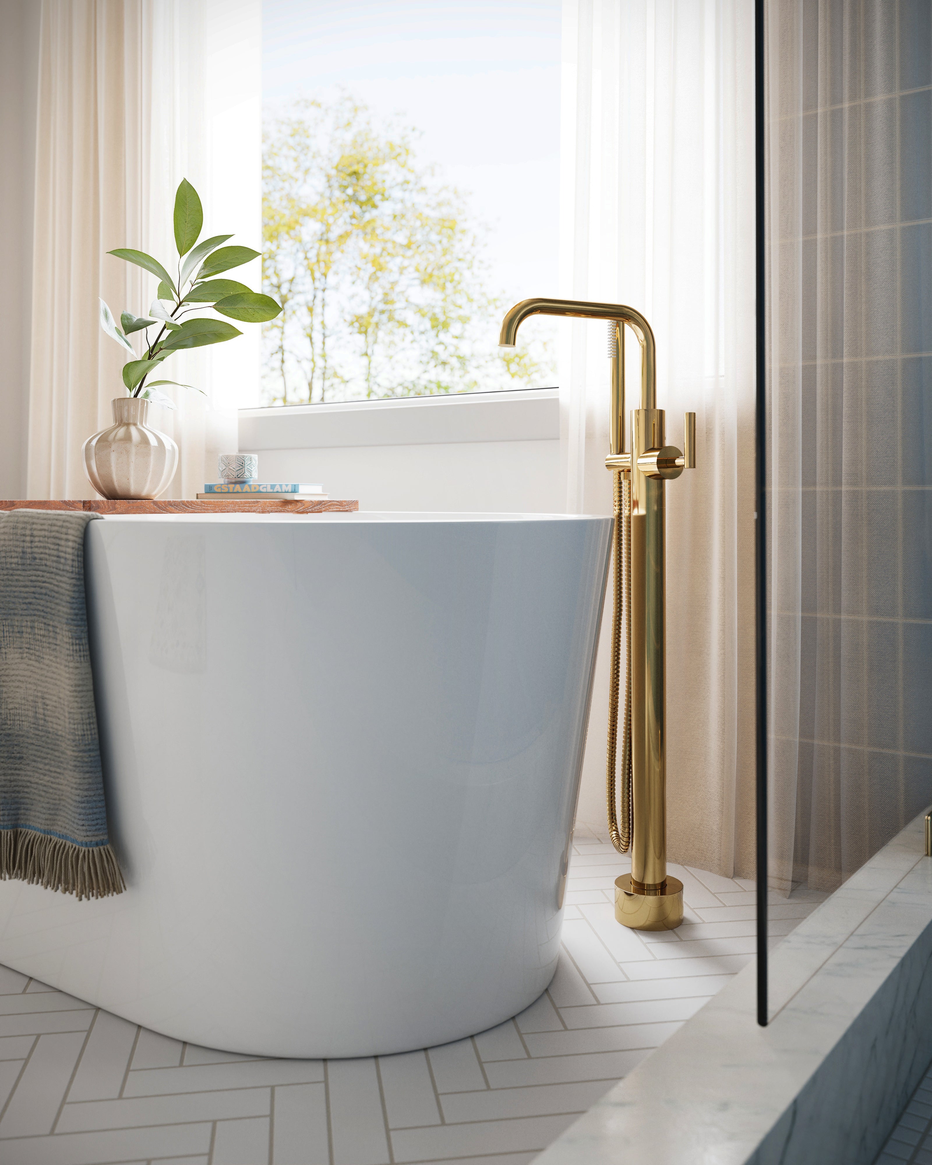 Contour One Handle Floor Mount Squaretop Bath Trim with Hand Shower and Soft Lever Handle in Polished Brass