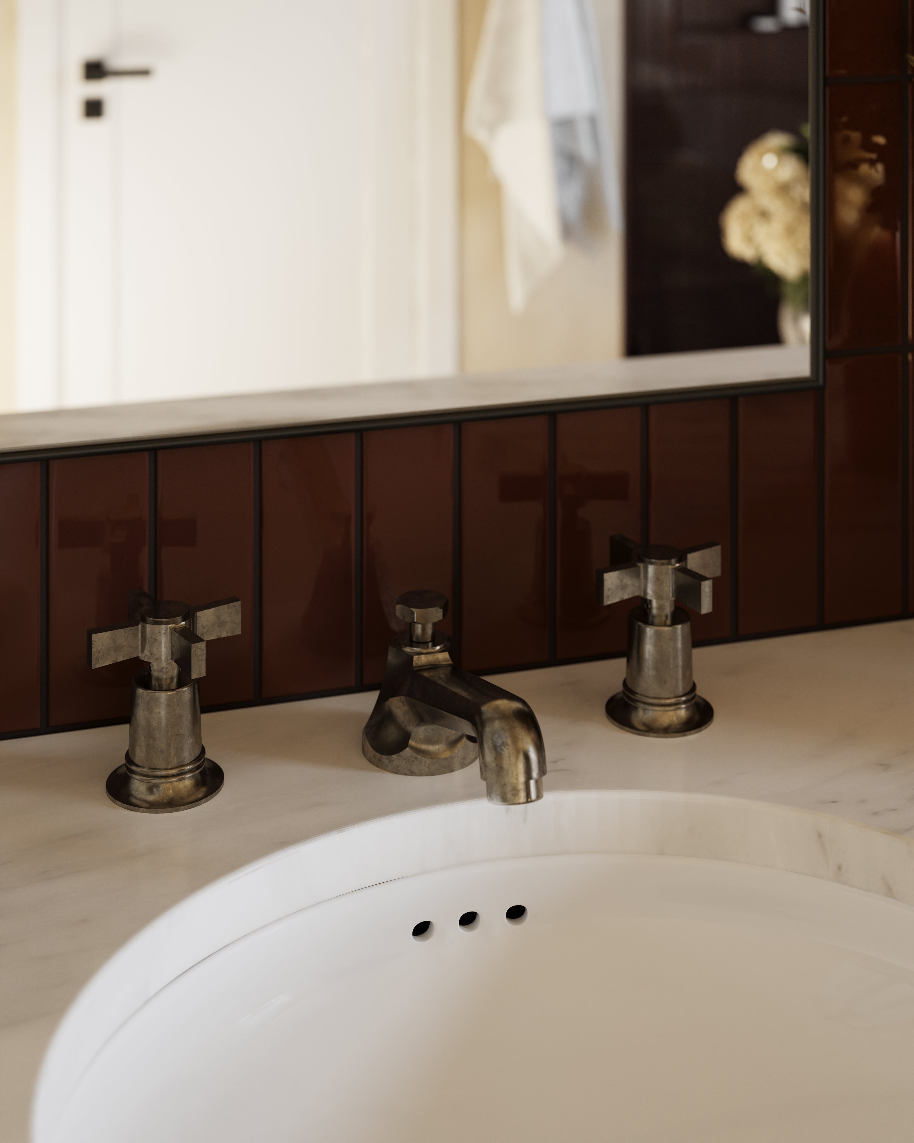 Emerson Two Handle Deck Mount Low Hexagon Lavatory Faucet with Defined Cross Handles in French Nickel