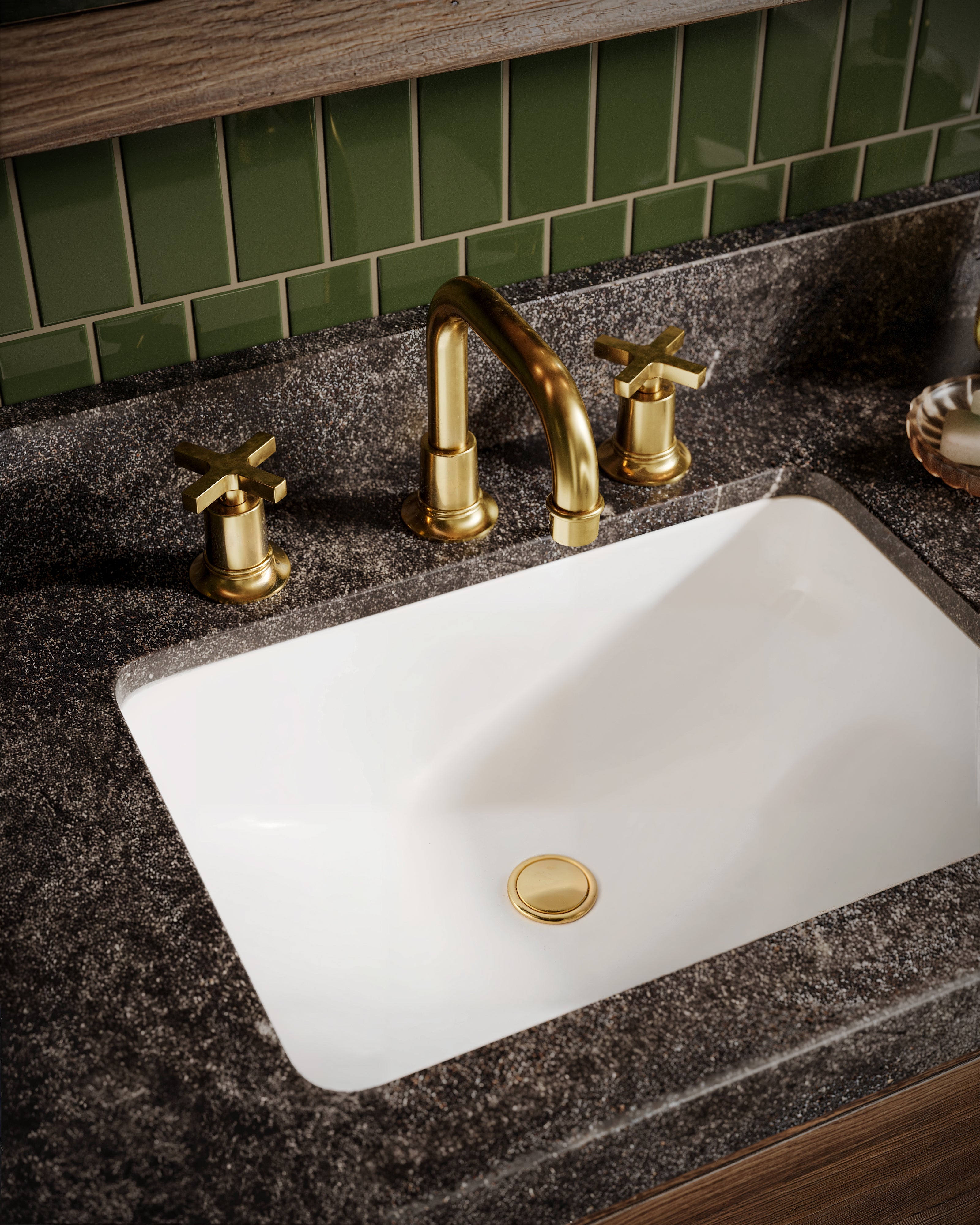 Emerson Two Handle Deck Mount Squaretop Lavatory Faucet with Classic Cross Handles in French Brass
