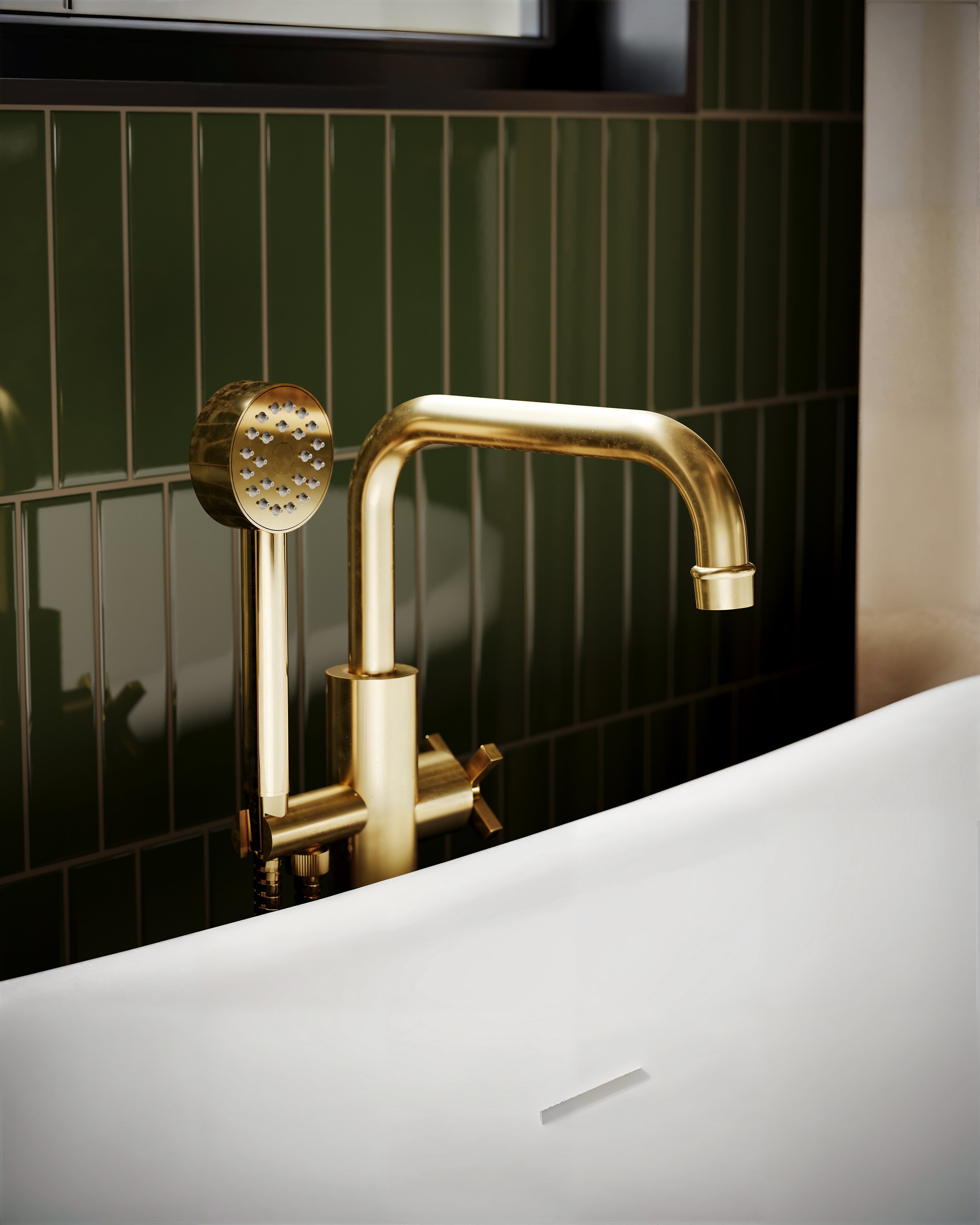 Emerson One Handle Floor Mount Squaretop Bath Trim with Hand Shower and Classic Cross Handle in French Brass