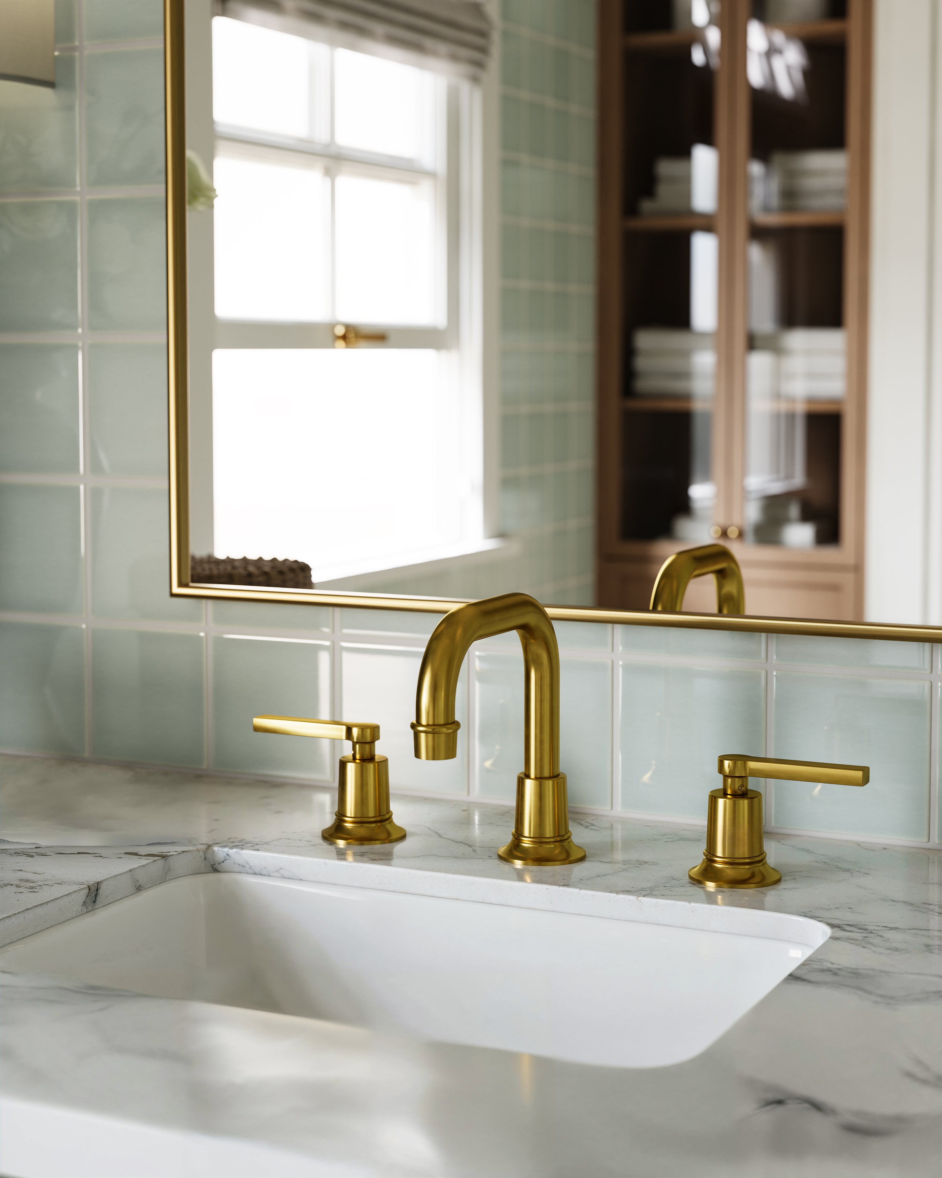 Emerson Two Handle Deck Mount Squaretop Lavatory Faucet with Classic Lever Handles in French Brass