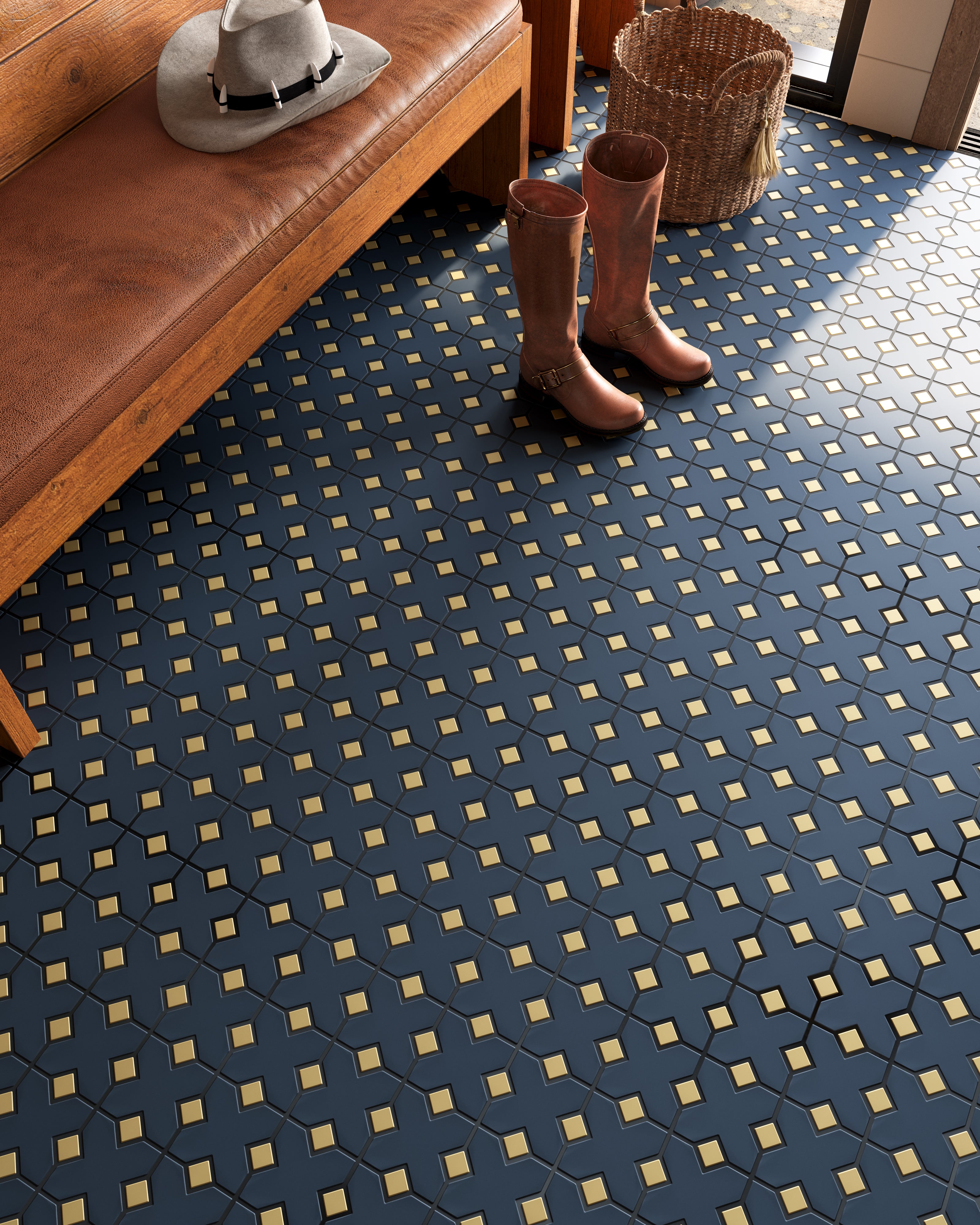 Hacienda Sheeted Original Ceramic Tile in Navy Blue Matte & Chaparral Matte