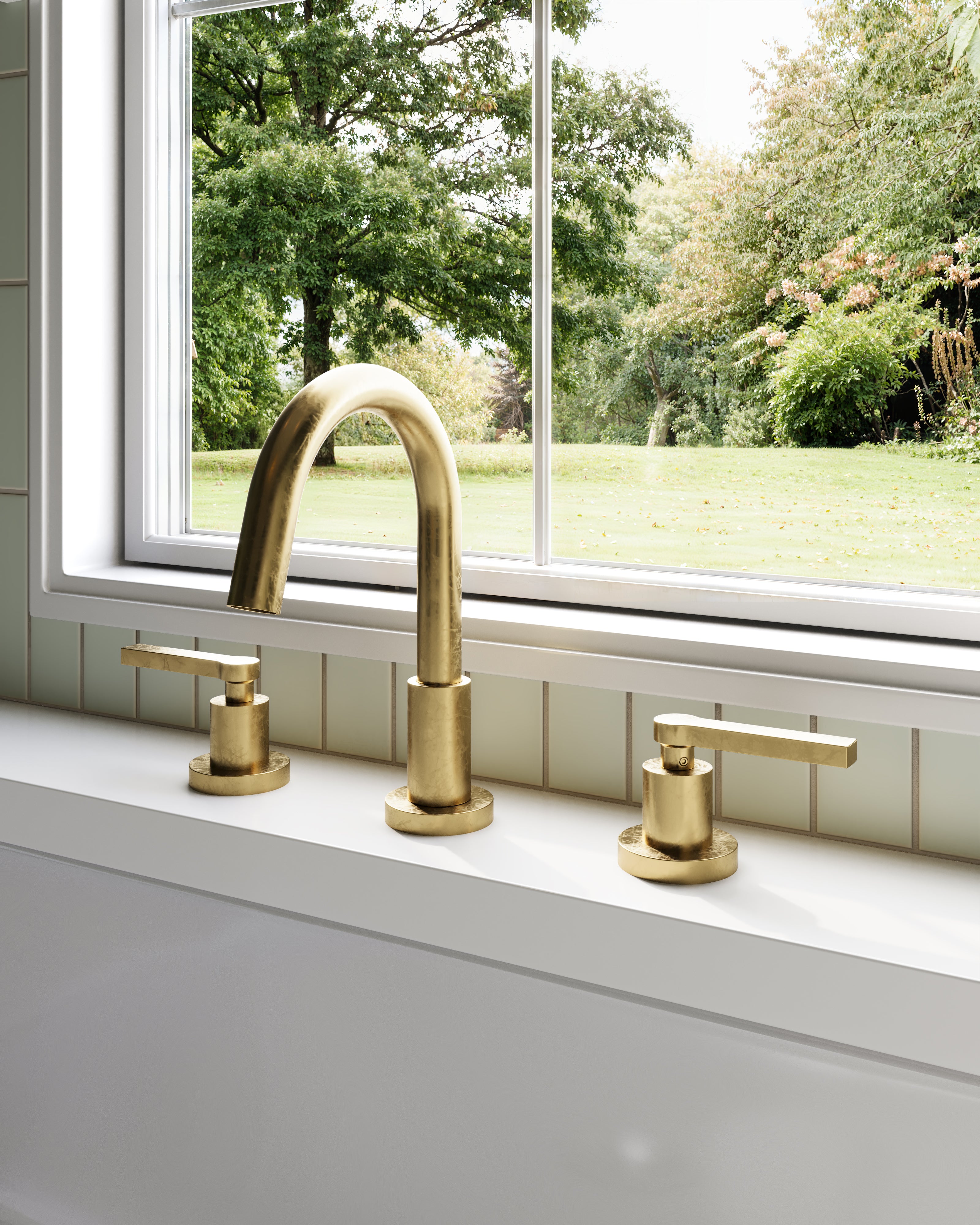 Flatiron Two Handle Deck Mount Short Gooseneck Lavatory Faucet with Linear Lever Handles in French Brass