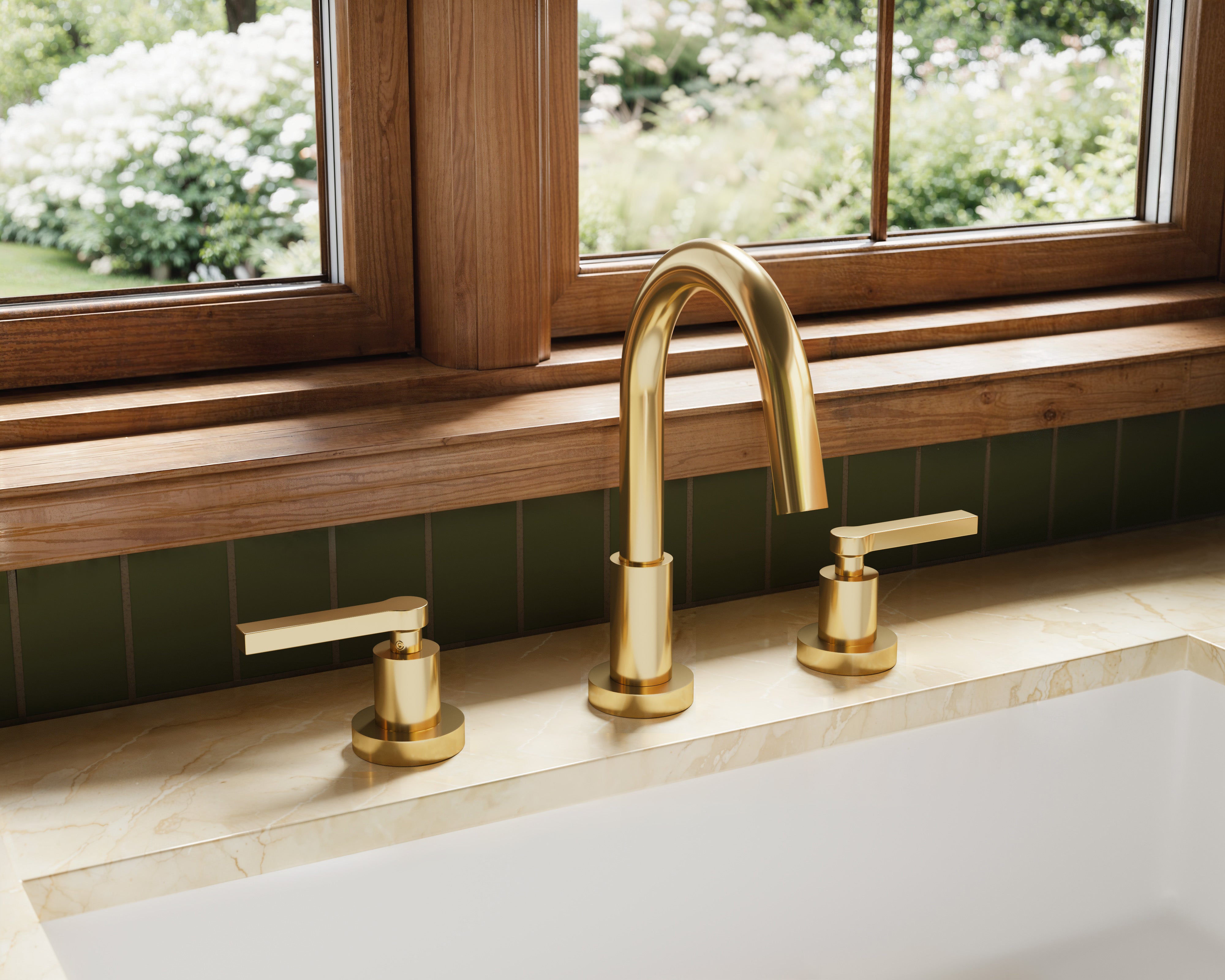 Flatiron Two Handle Deck Mount Short Gooseneck Lavatory Faucet with Linear Lever Handles in Polished Brass