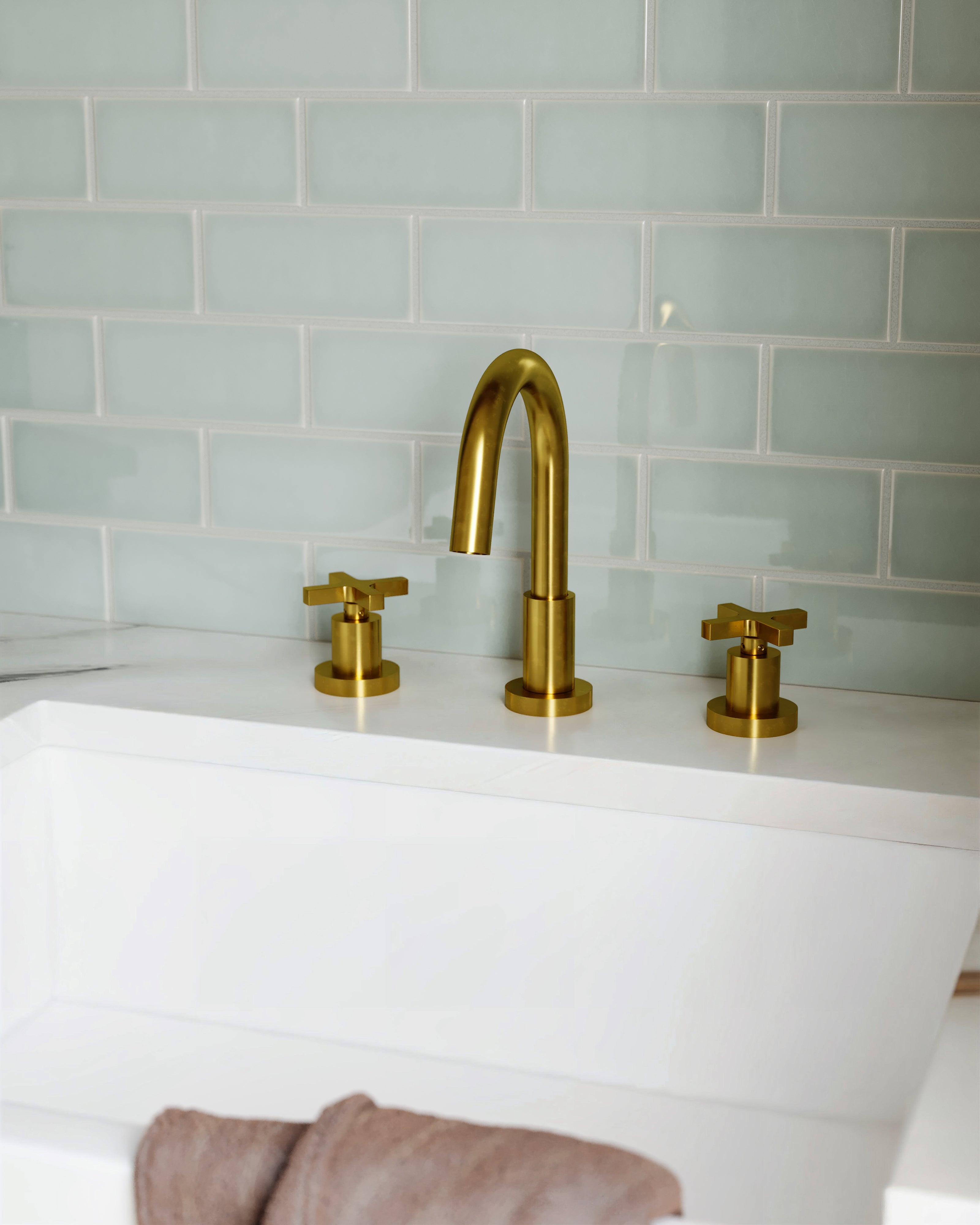 Flatiron Two Handle Deck Mount Short Gooseneck Lavatory Faucet with Linear Cross Handles in French Brass