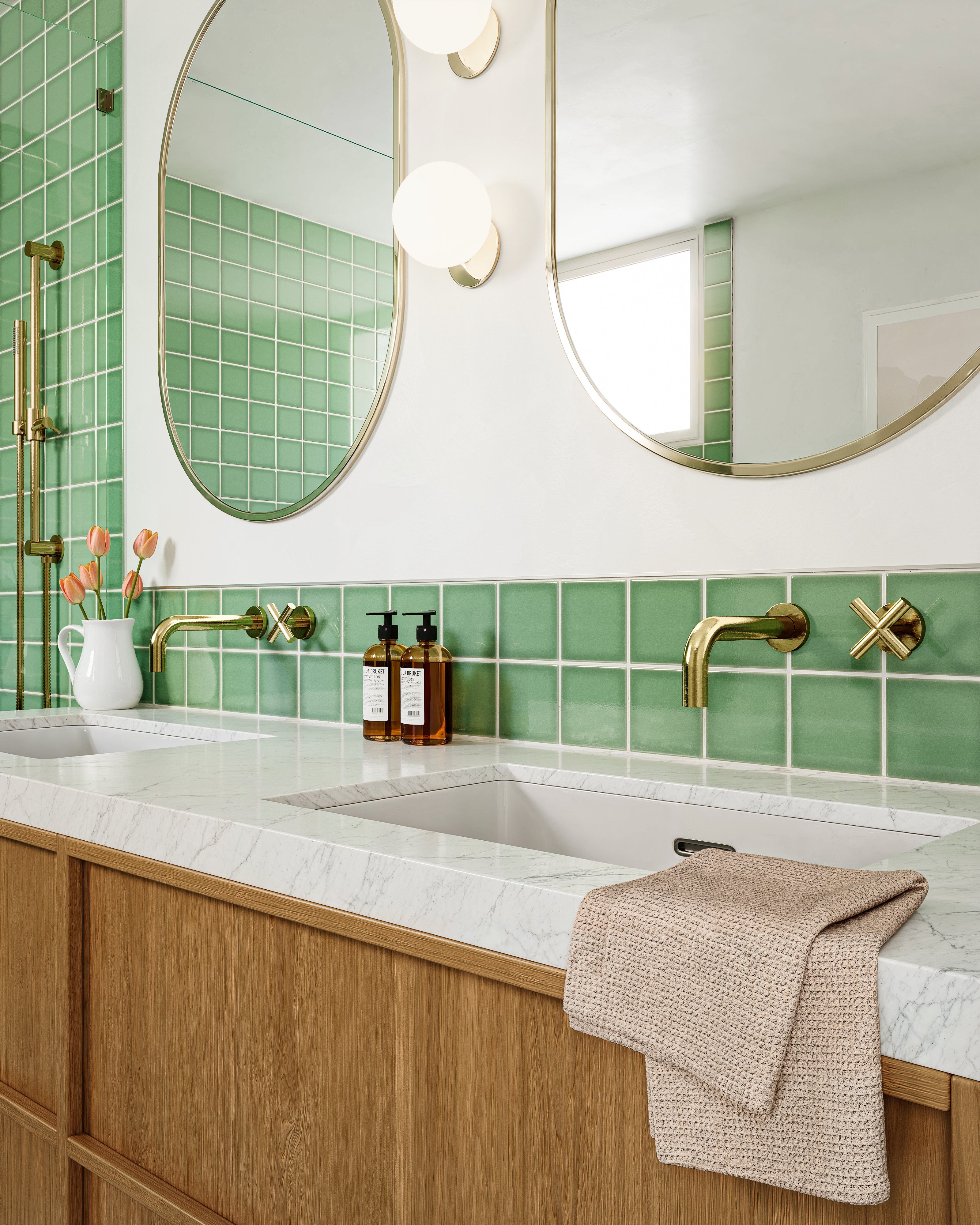 Contour One Handle Wall Mount 7.5" Lavatory Faucet with Soft Cross Handle in Satin Brass