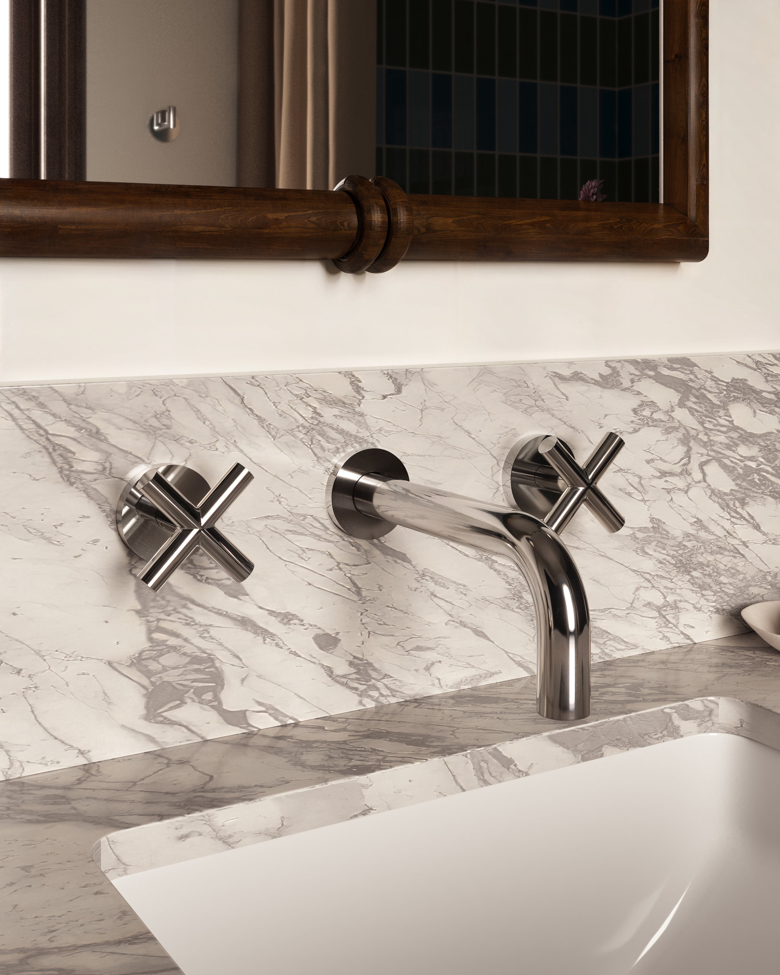 Contour Two Handle Wall Mount 7.5" Lavatory Faucet with Soft Cross Handles in Polished Chrome