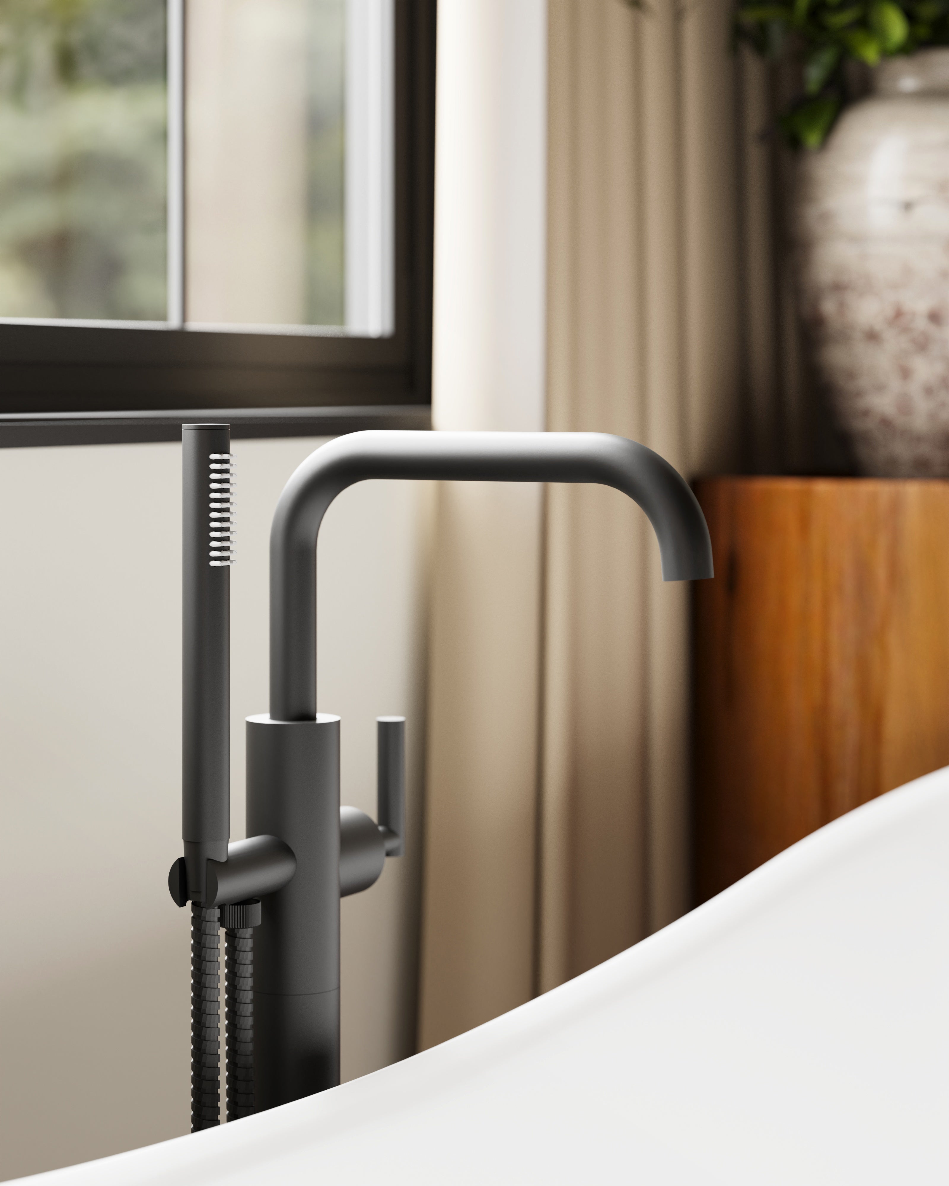 Contour One Handle Floor Mount Squaretop Bath Trim with Hand Shower and Soft Lever Handle in Oil Rubbed Bronze
