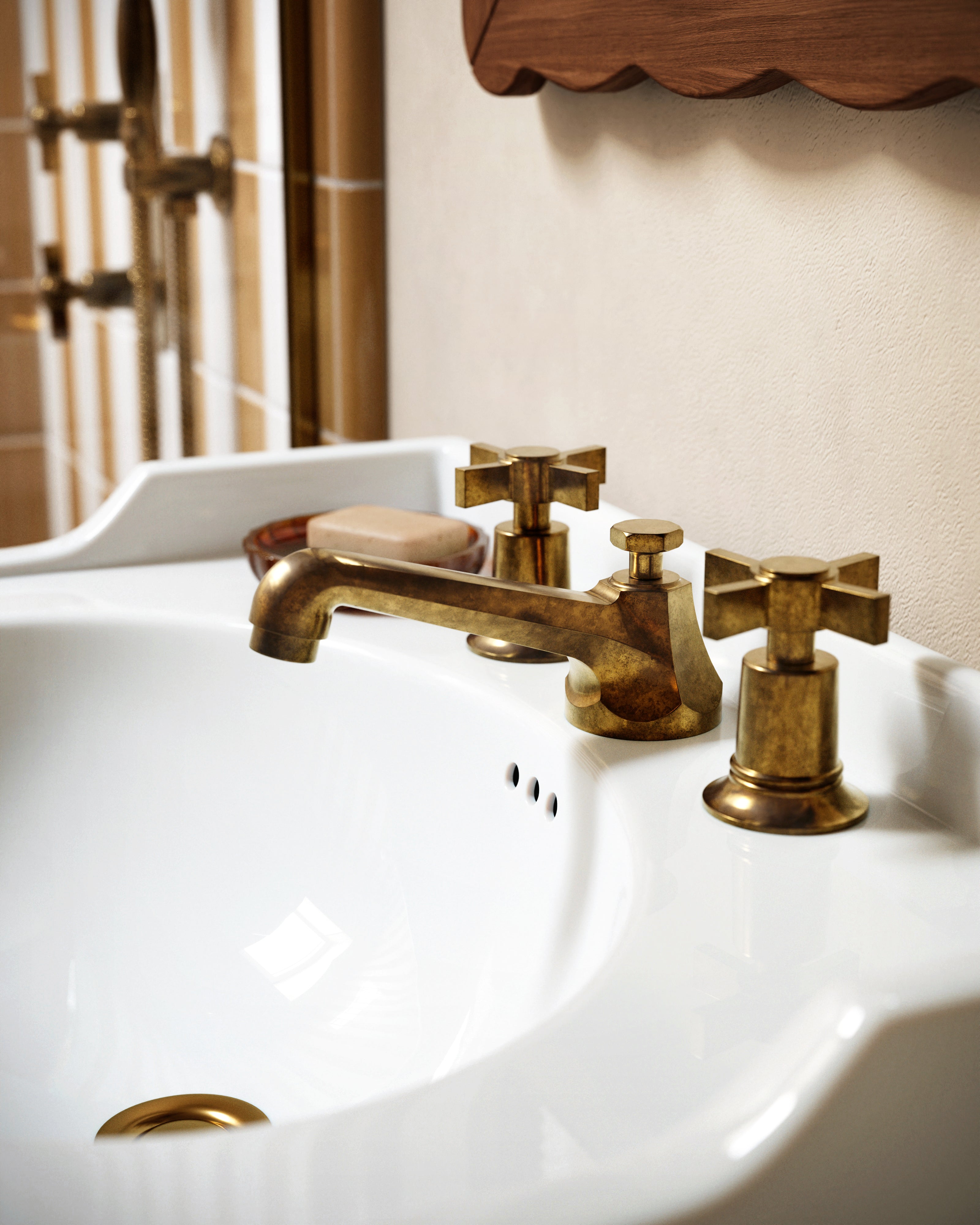 Emerson Two Handle Deck Mount Low Hexagon Lavatory Faucet with Defined Cross Handles in Uncoated Polished Brass