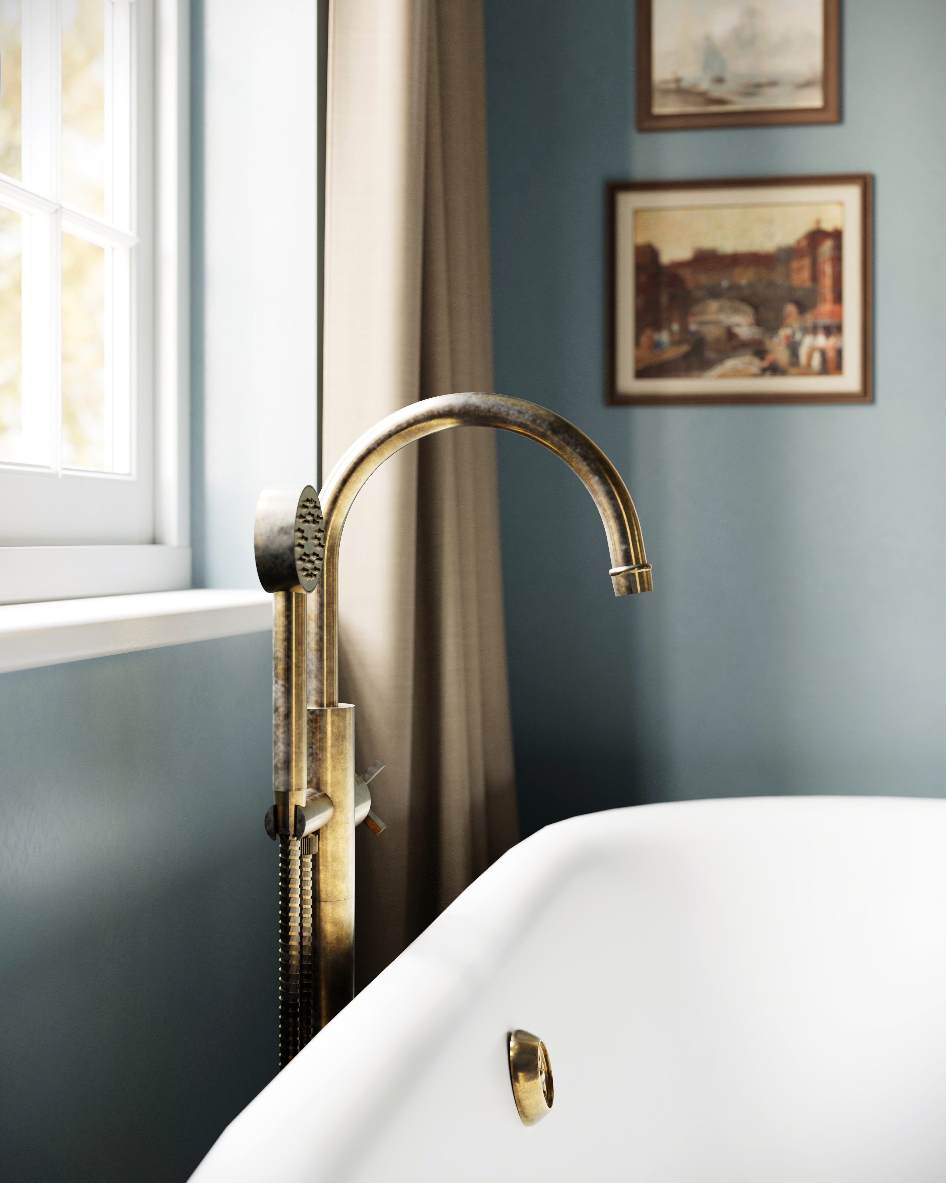 Emerson One Handle Floor Mount Gooseneck Bath Trim with Hand Shower and Defined Cross Handle in Uncoated Polished Brass