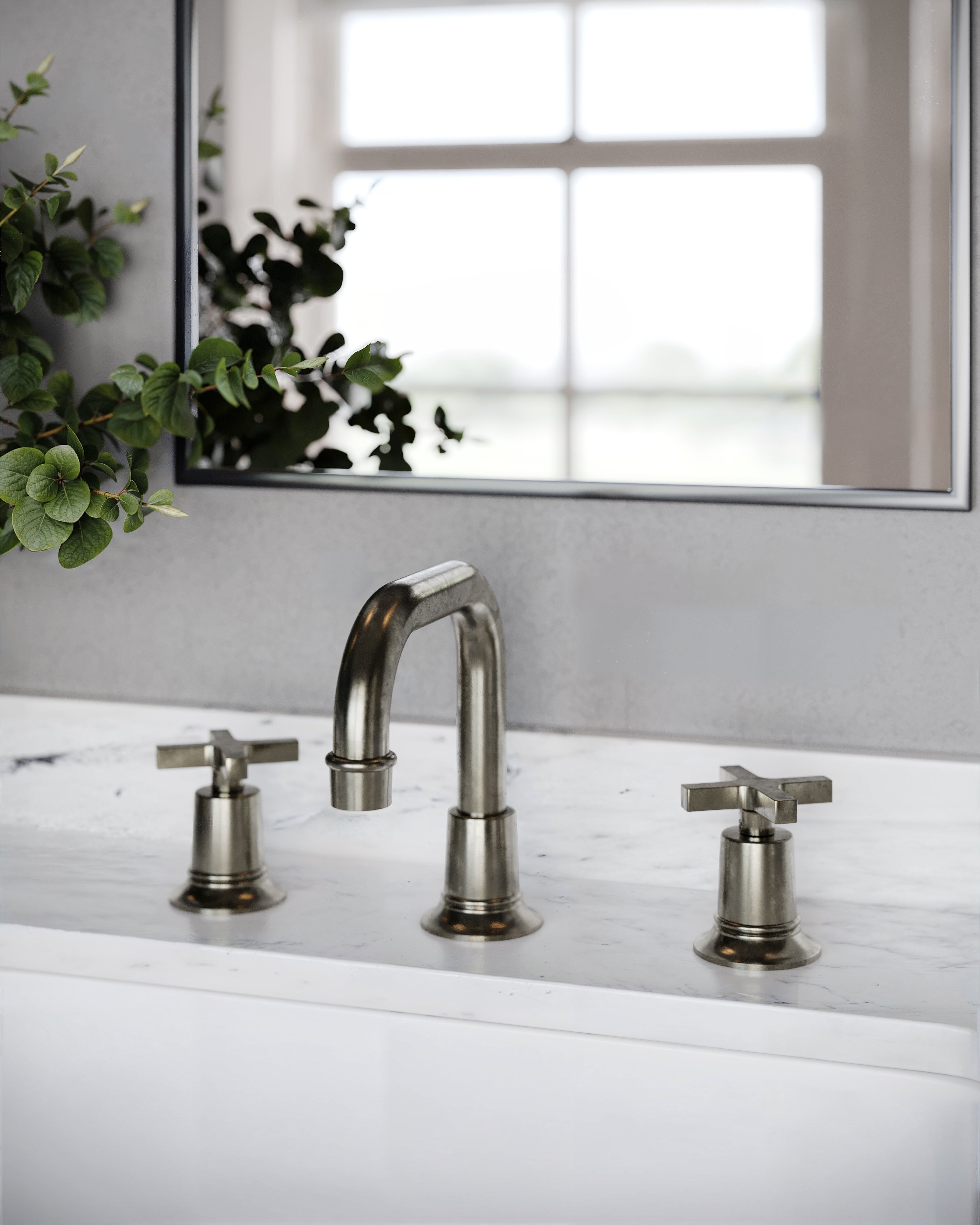 Emerson Two Handle Deck Mount Squaretop Lavatory Faucet with Classic Cross Handles in French Nickel