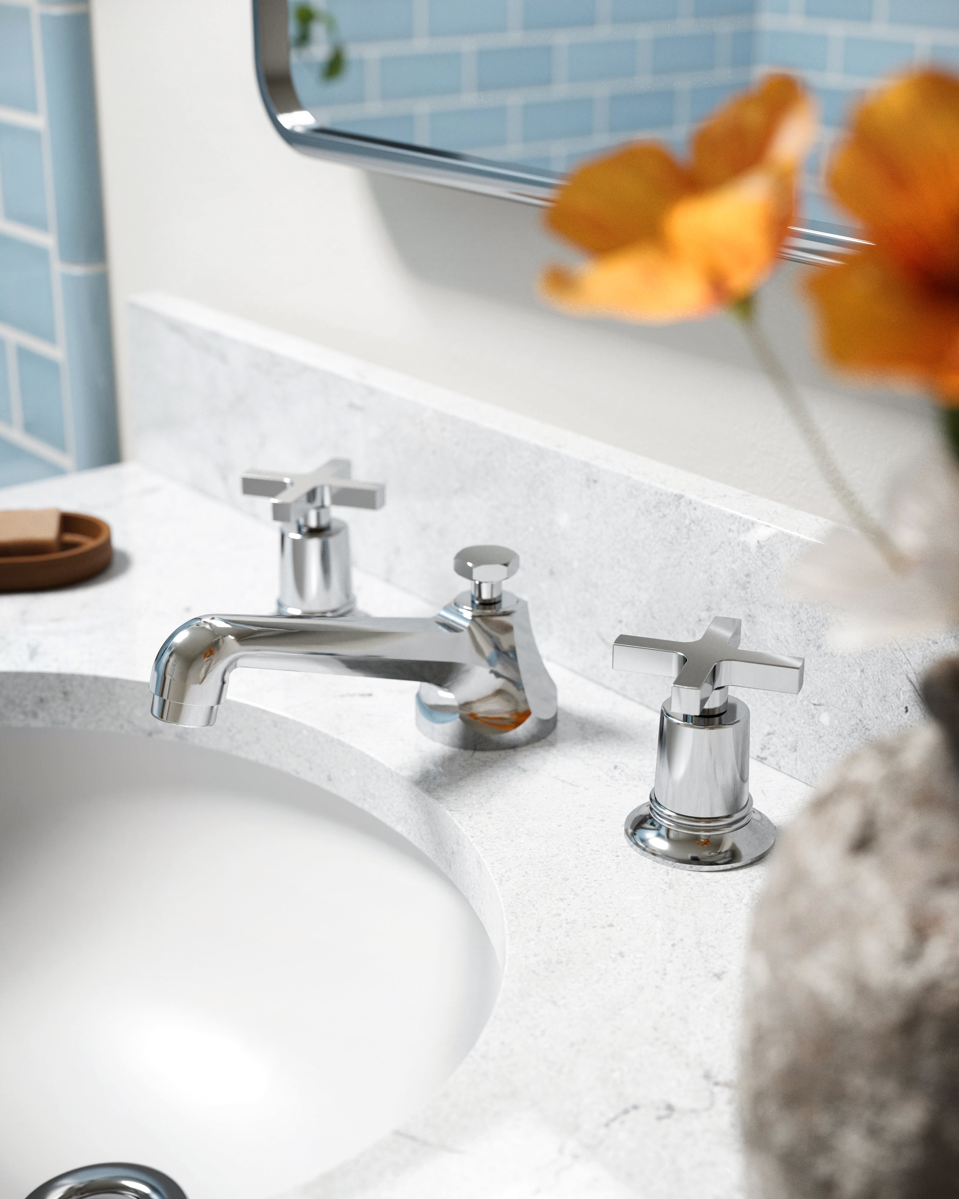 Emerson Two Handle Deck Mount Low Hexagon Lavatory Faucet with Classic Cross Handles in Polished Chrome
