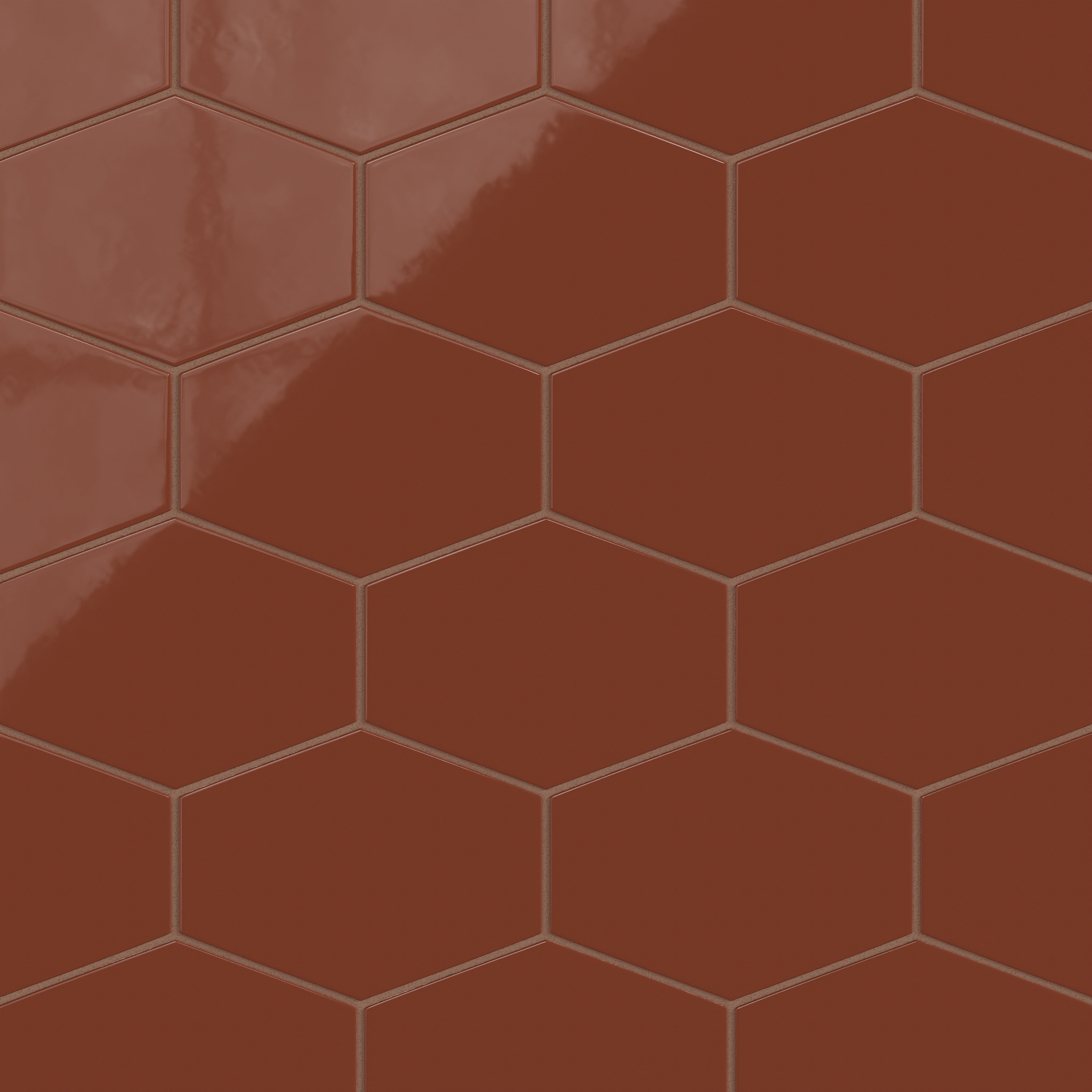 Elongated Hexagon Natural Press Ceramic Tile in Red Iron Oxide Gloss