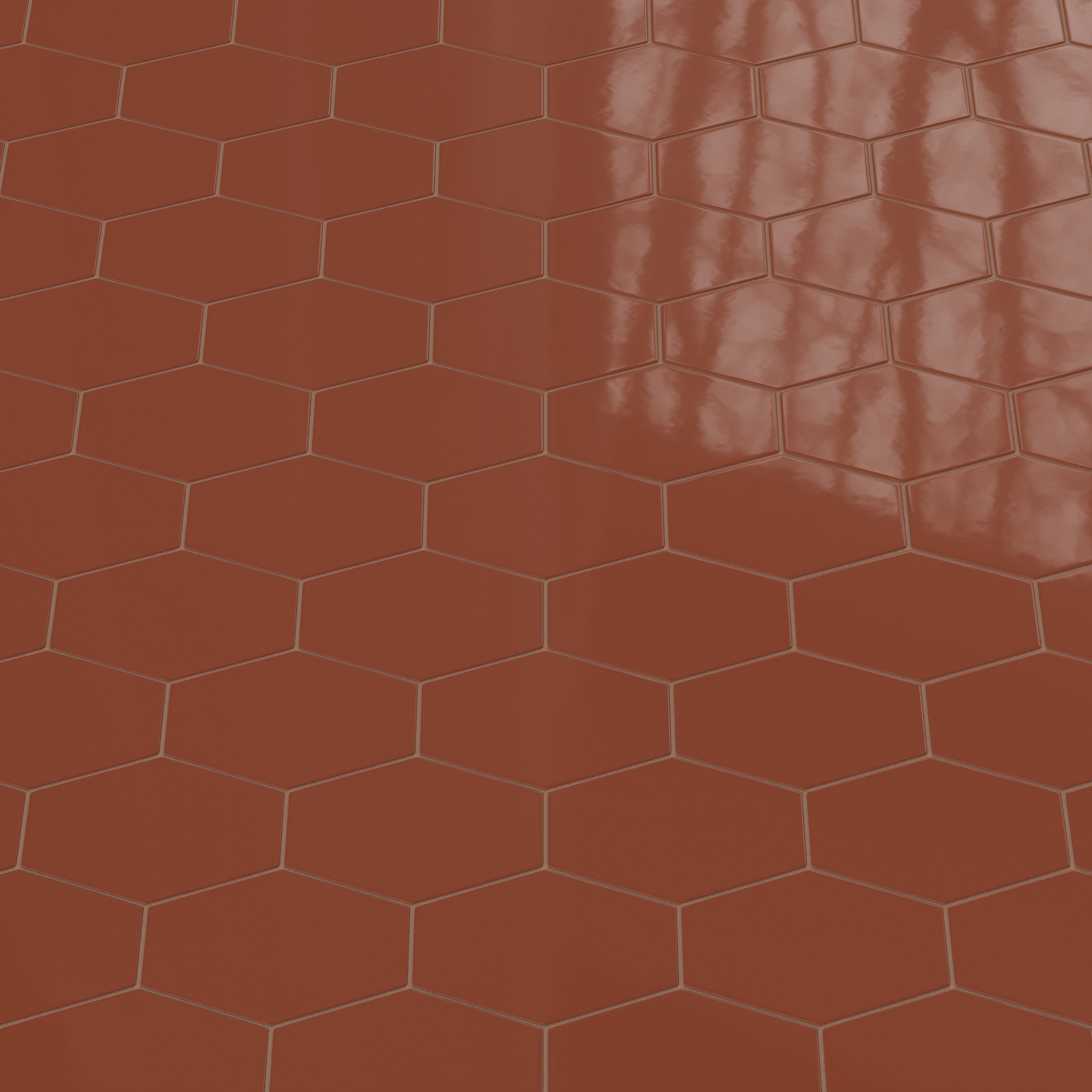 Elongated Hexagon Natural Press Ceramic Tile in Red Iron Oxide Gloss