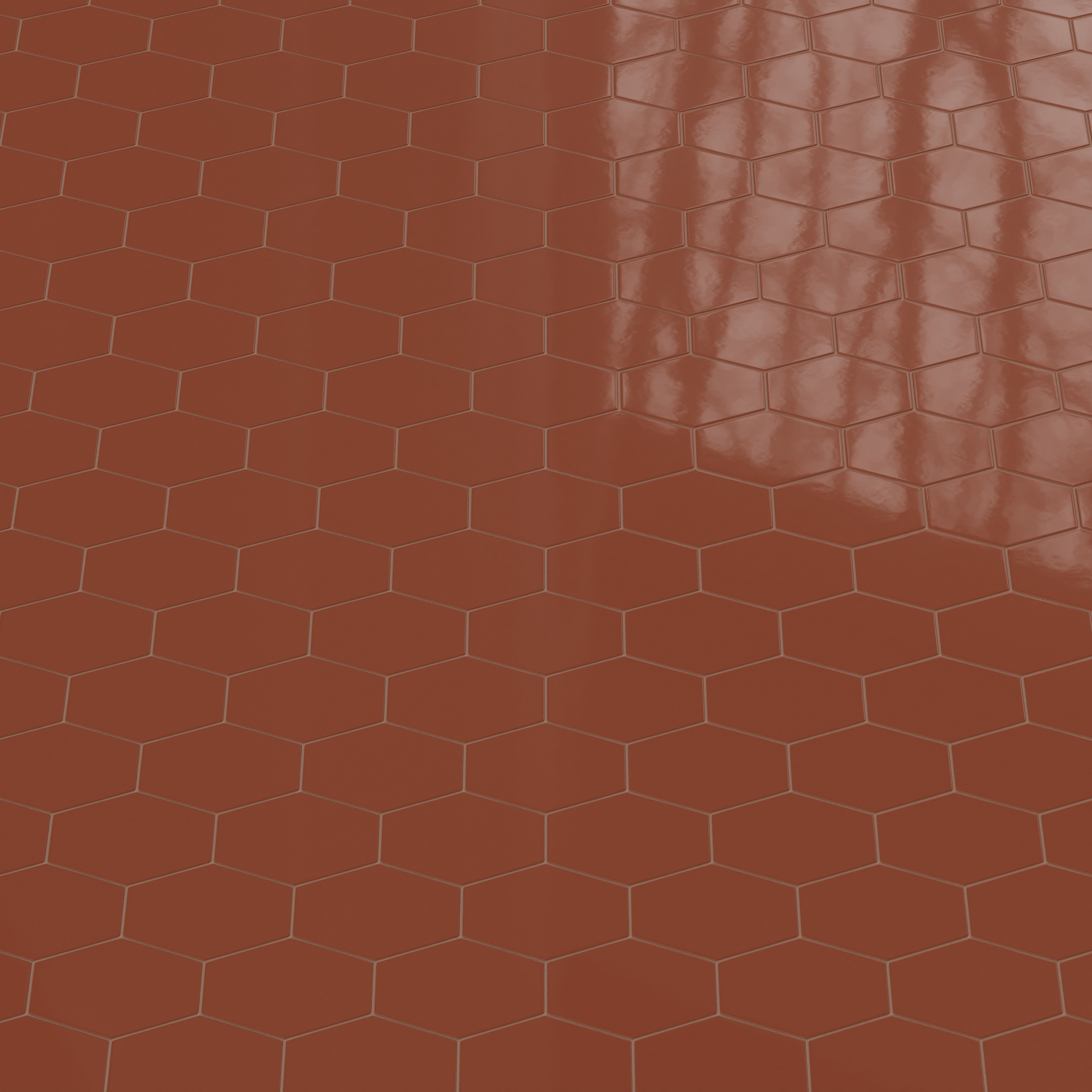 Elongated Hexagon Natural Press Ceramic Tile in Red Iron Oxide Gloss