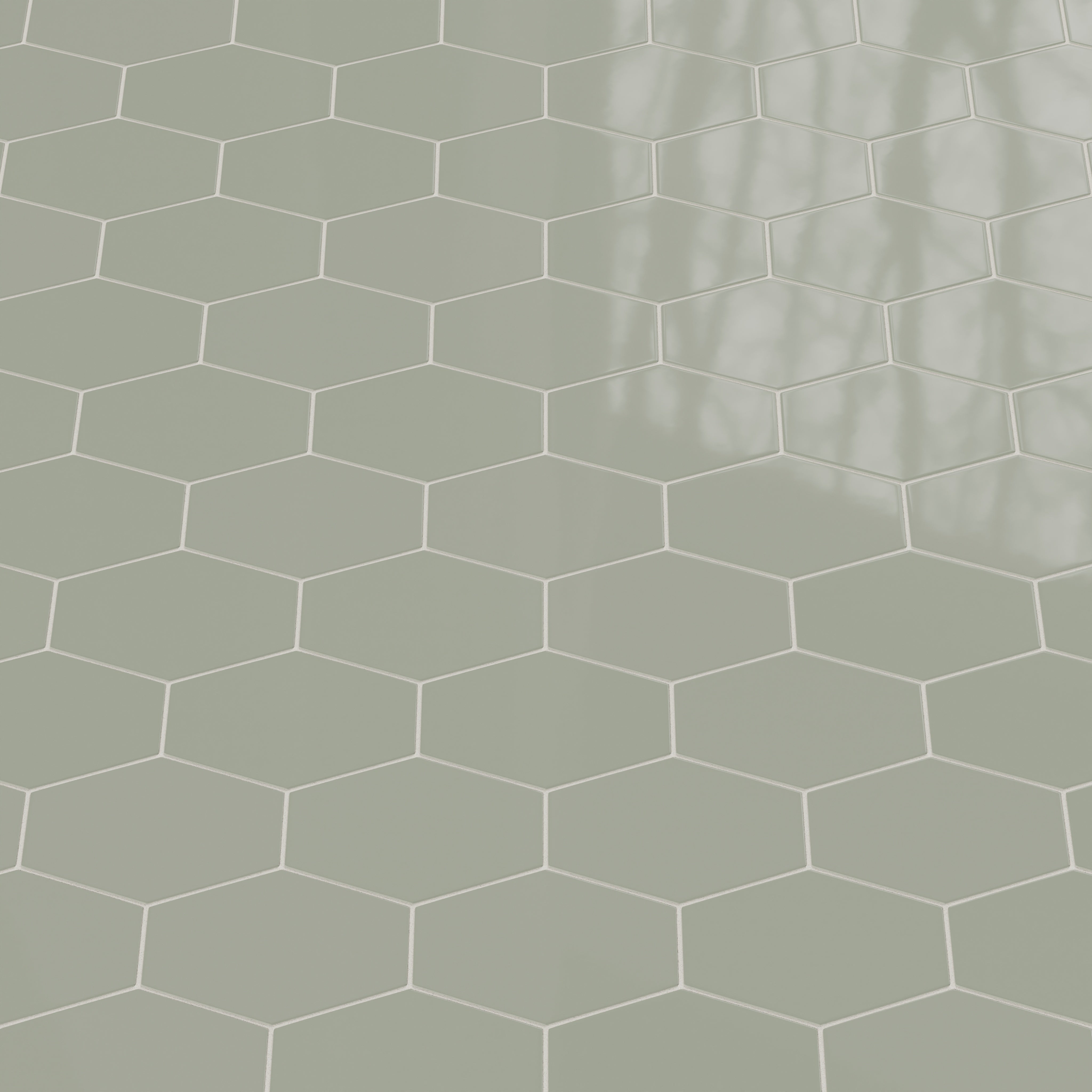 Elongated Hexagon Natural Press Ceramic Tile in Terre Verte Gloss